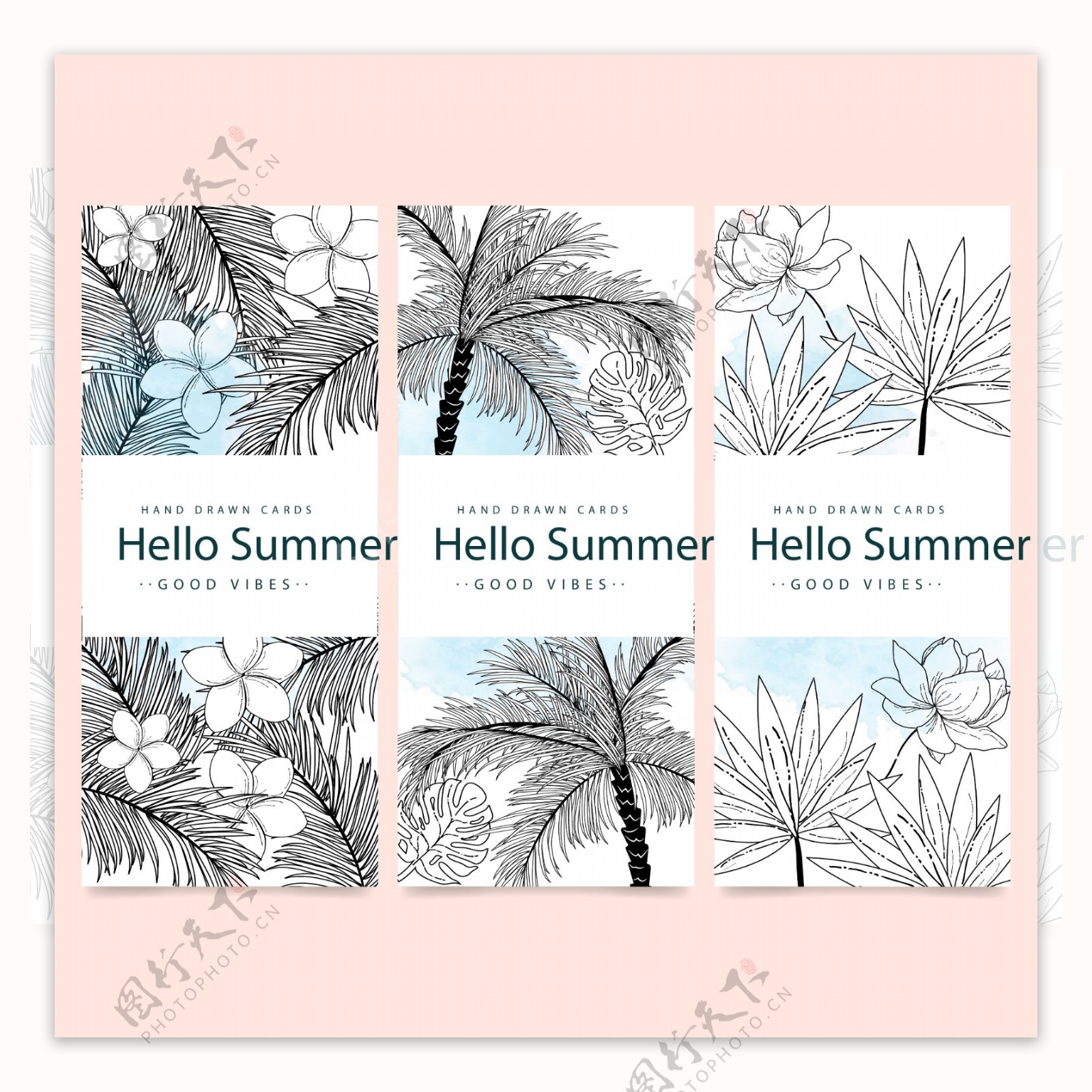 手绘夏季棕榈树花卉卡片