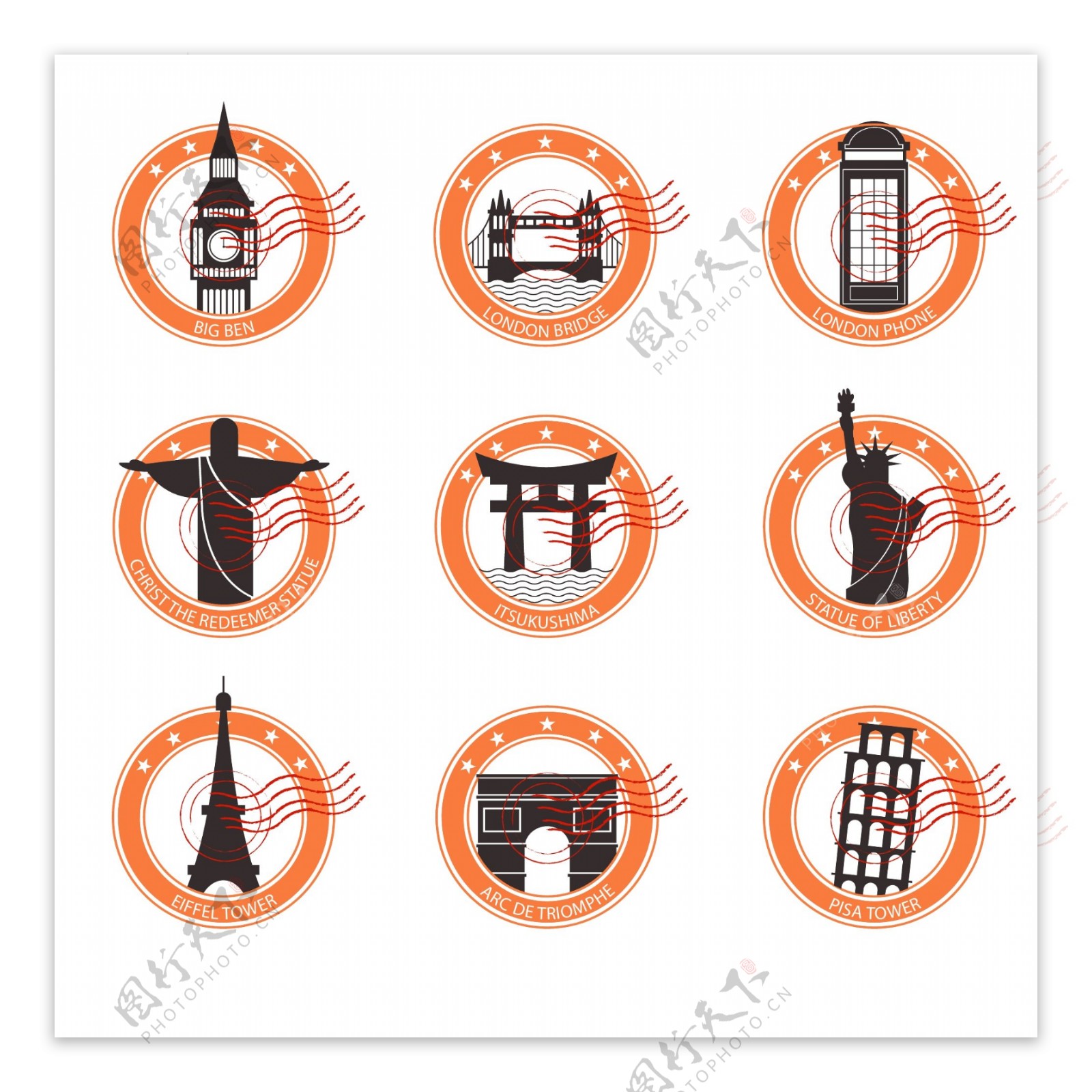 橙色圆圈装饰城市邮戳