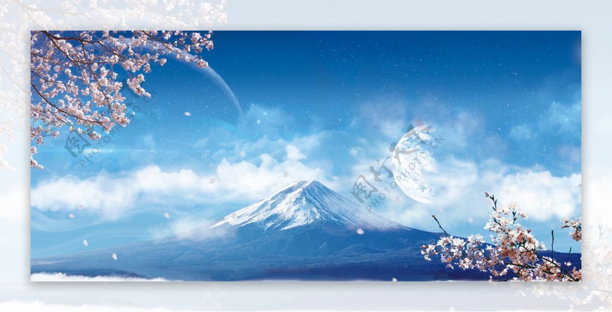 富士山下樱花梦幻背景雪