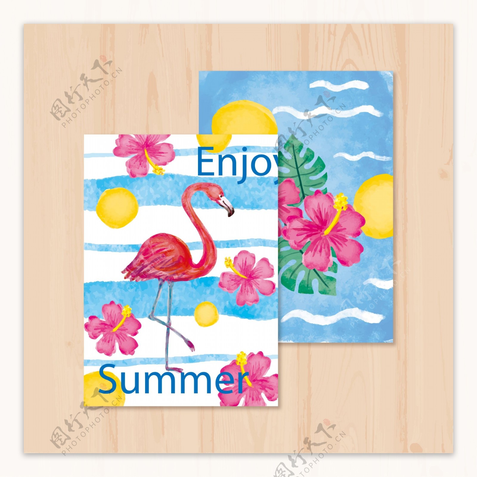 水彩夏季火烈鸟花卉卡片