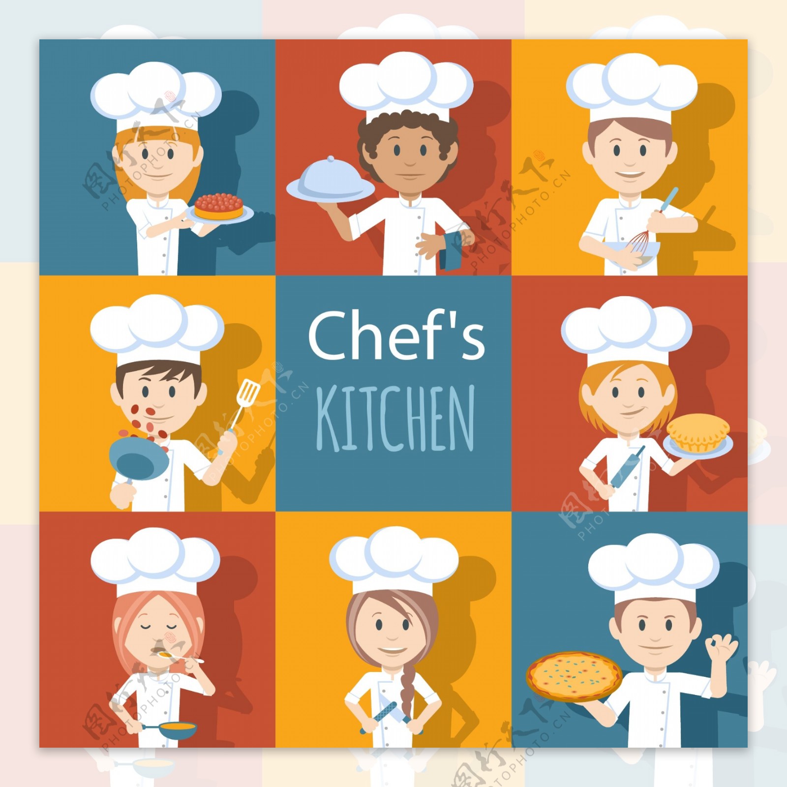 六款卡通男女厨师形象