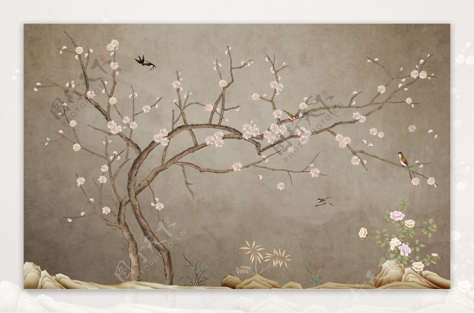 现代手绘新中式工笔花鸟背景墙