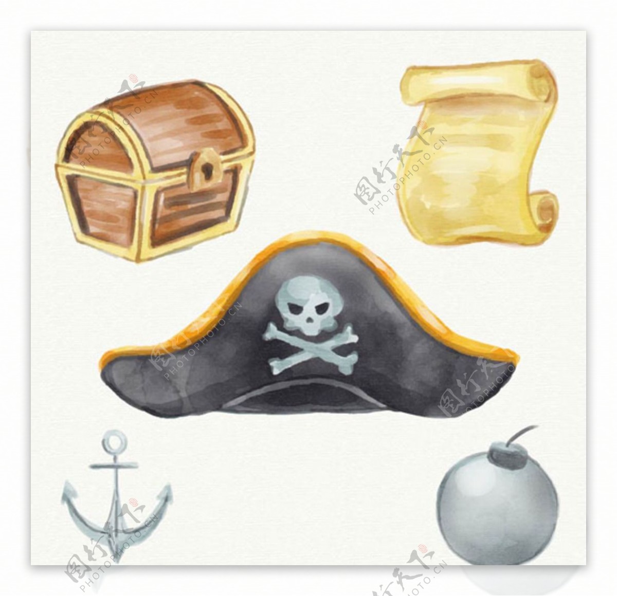 手绘水彩海盗帽宝箱元素