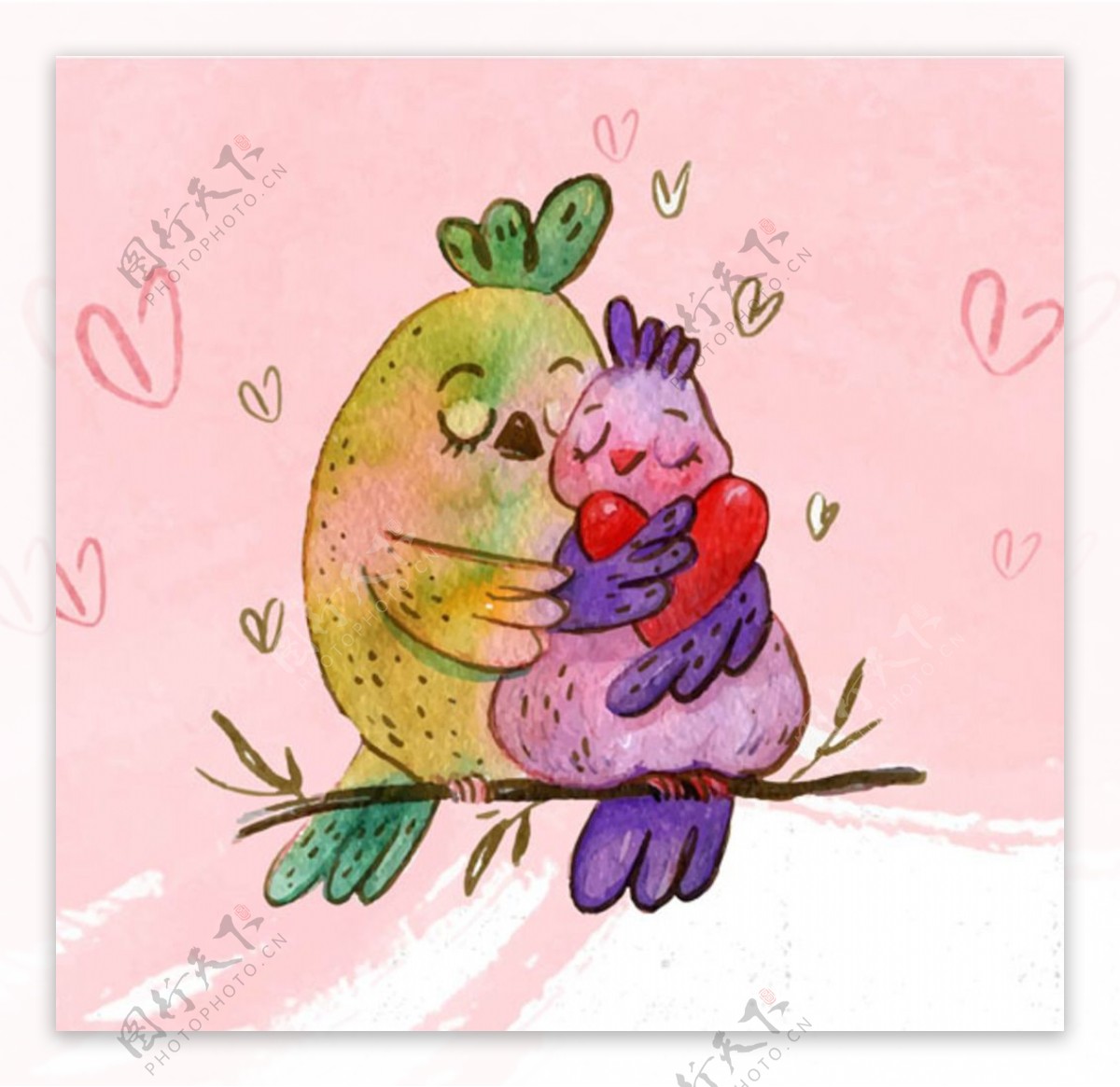 手绘水彩情人节浪漫拥抱的小鸟