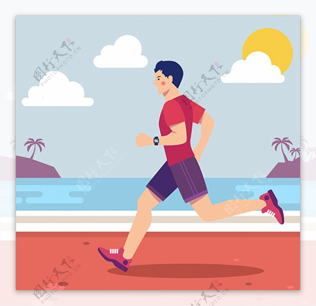 卡通男子海边跑步锻炼海报