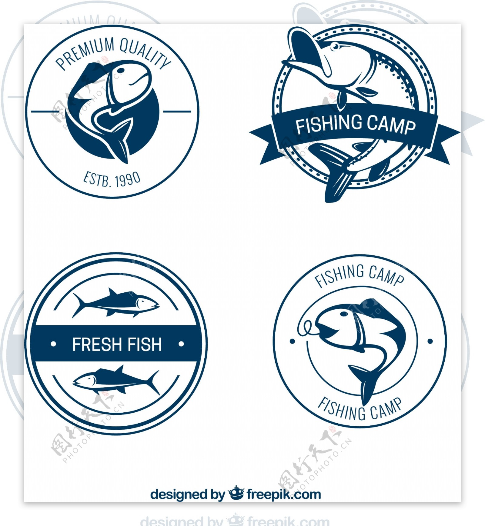 4款蓝色钓鱼营地标签矢量图