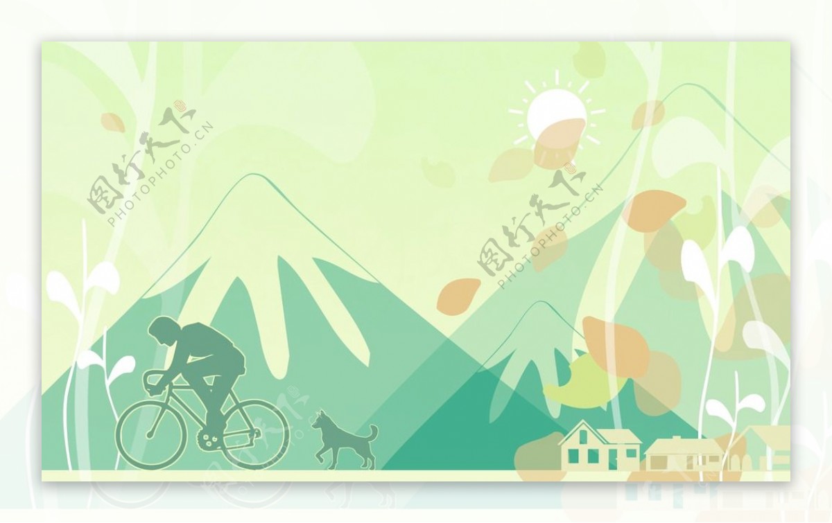 卡通温馨山脉自行车人物背景