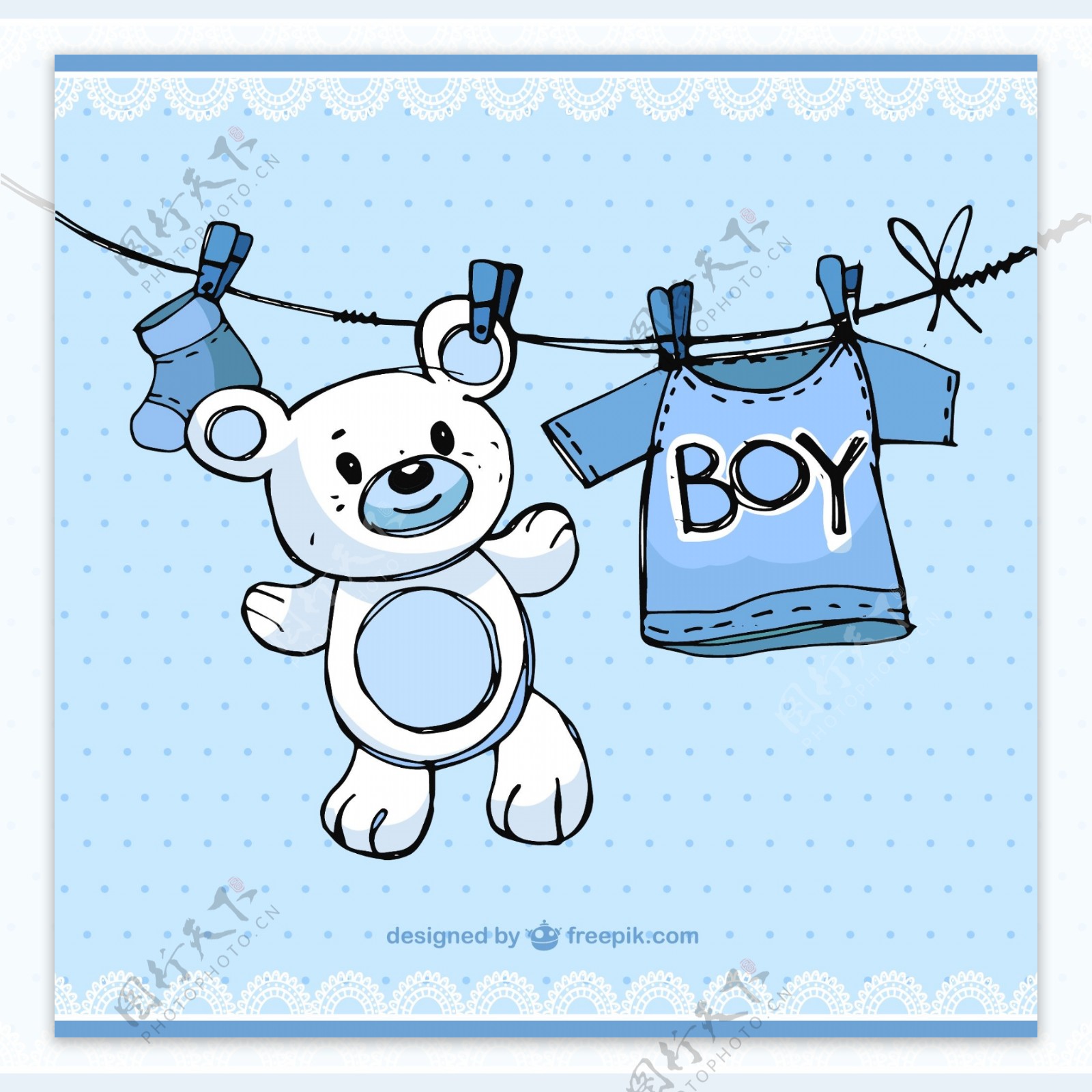 蓝色晾衣绳和玩具熊矢量图