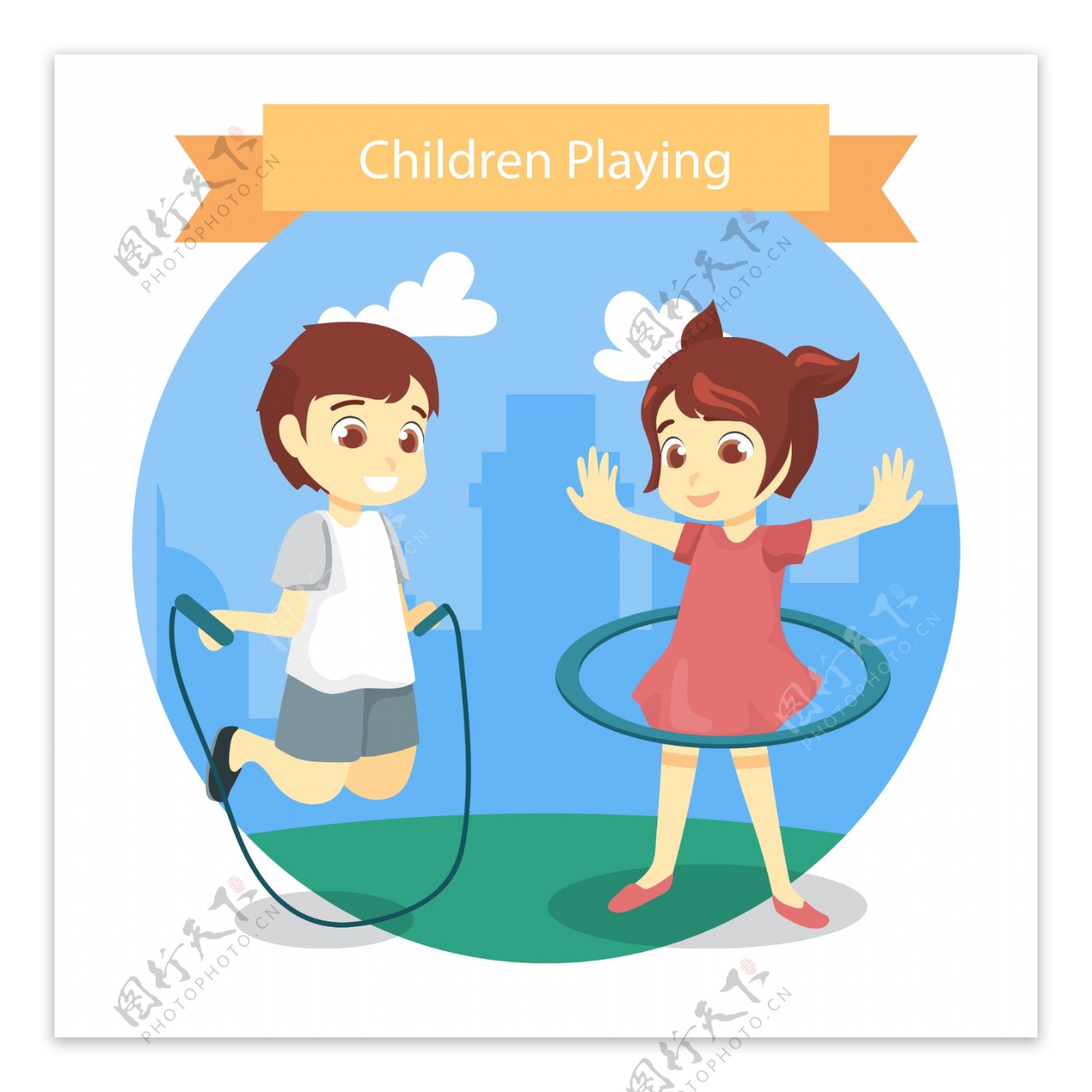 卡通儿童节跳绳呼啦圈的孩子
