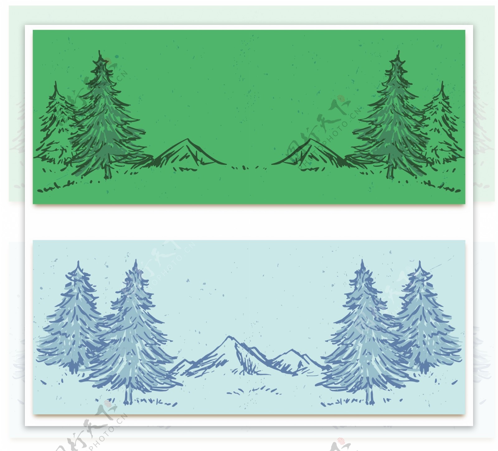 两款手绘松树林横幅插图