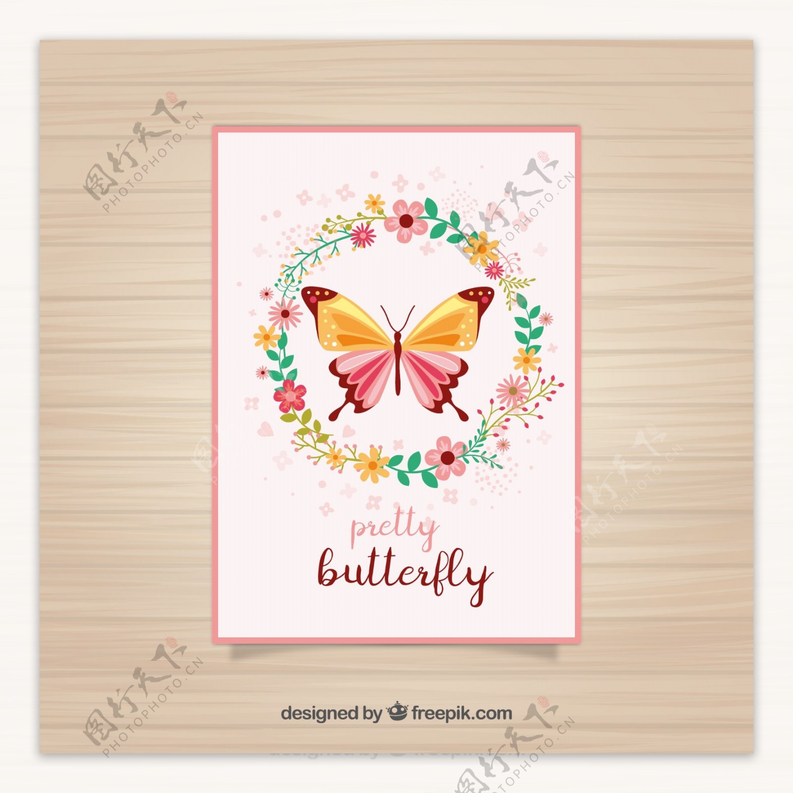 美丽蝴蝶和花环卡片矢量素材