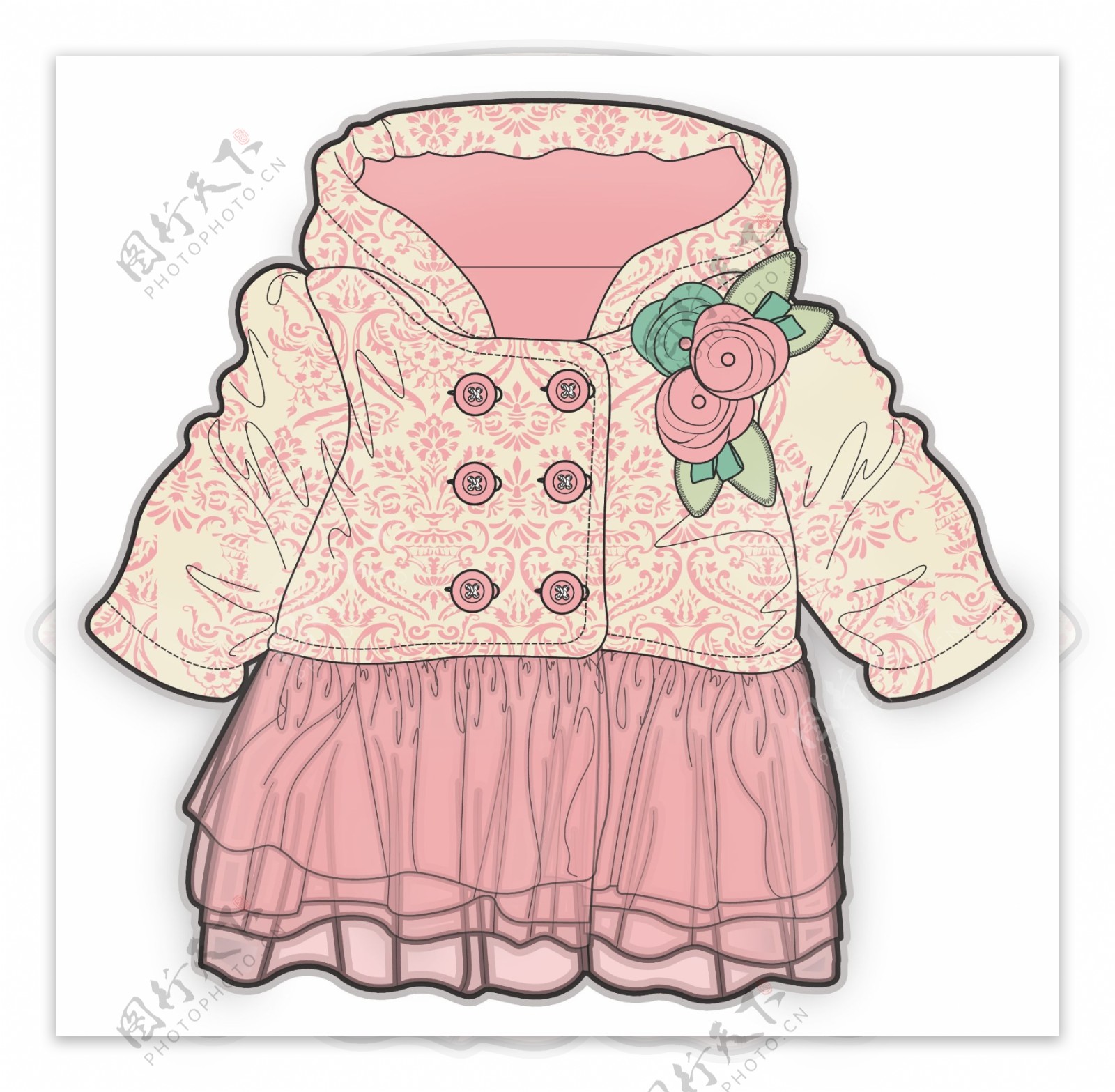 粉色长袖小女生服装设计彩色矢量原稿