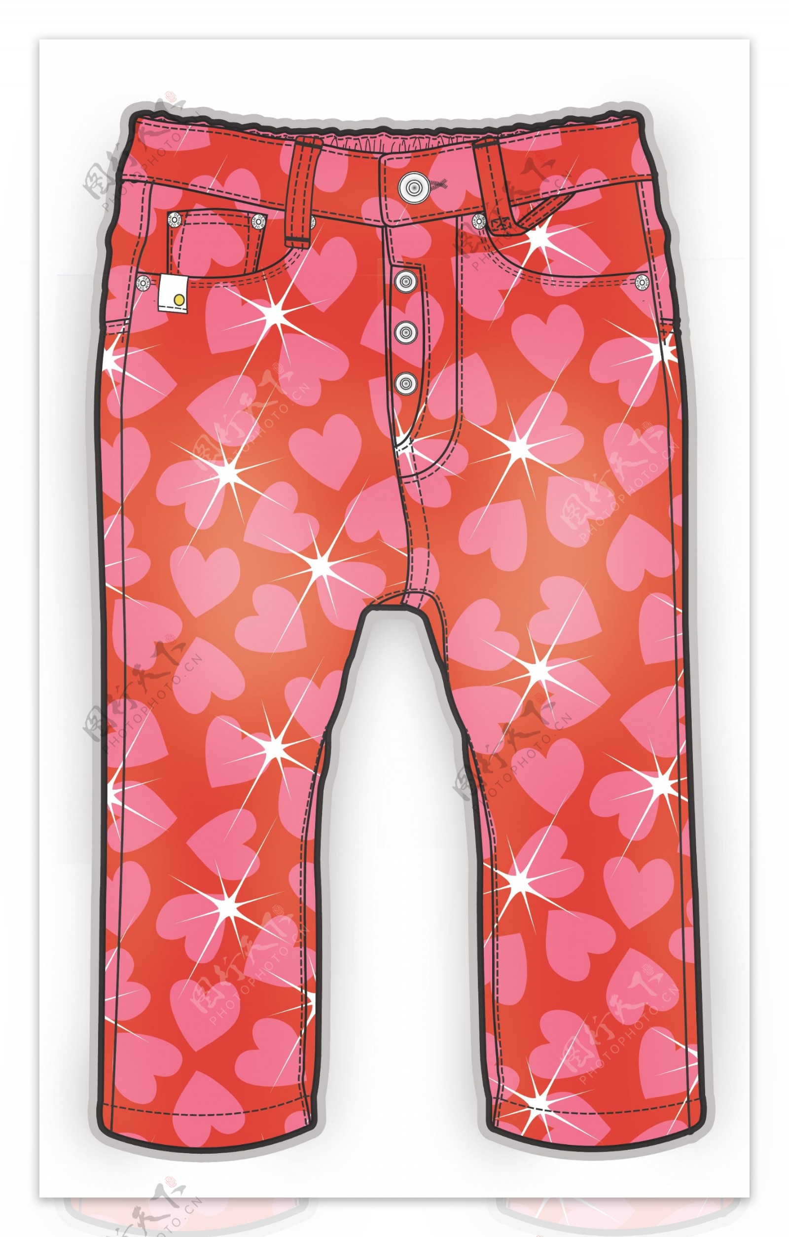 红色爱心裤子小女孩服装设计彩色原稿矢量