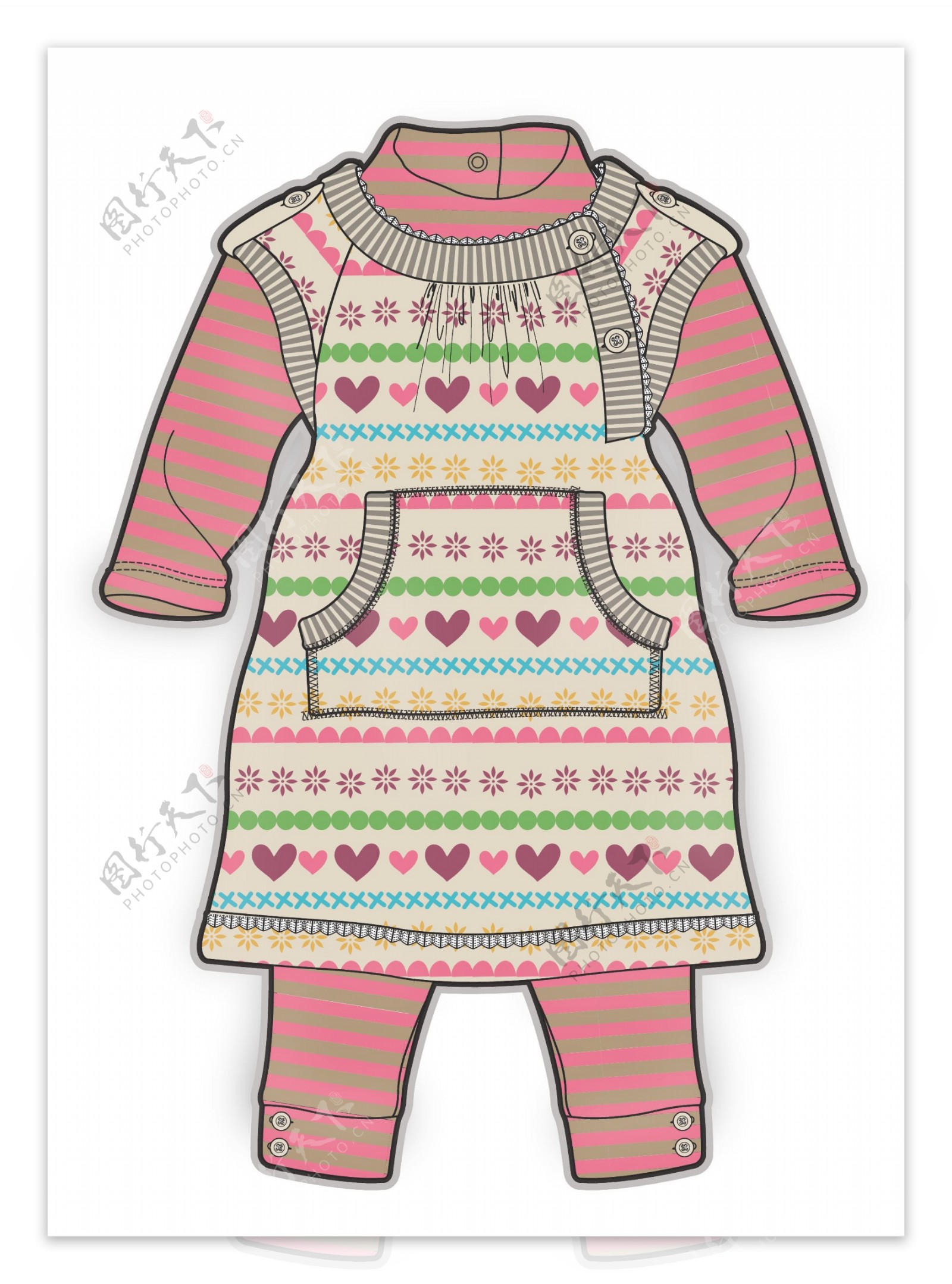 连体两件套女宝宝服装设计彩色矢量原稿