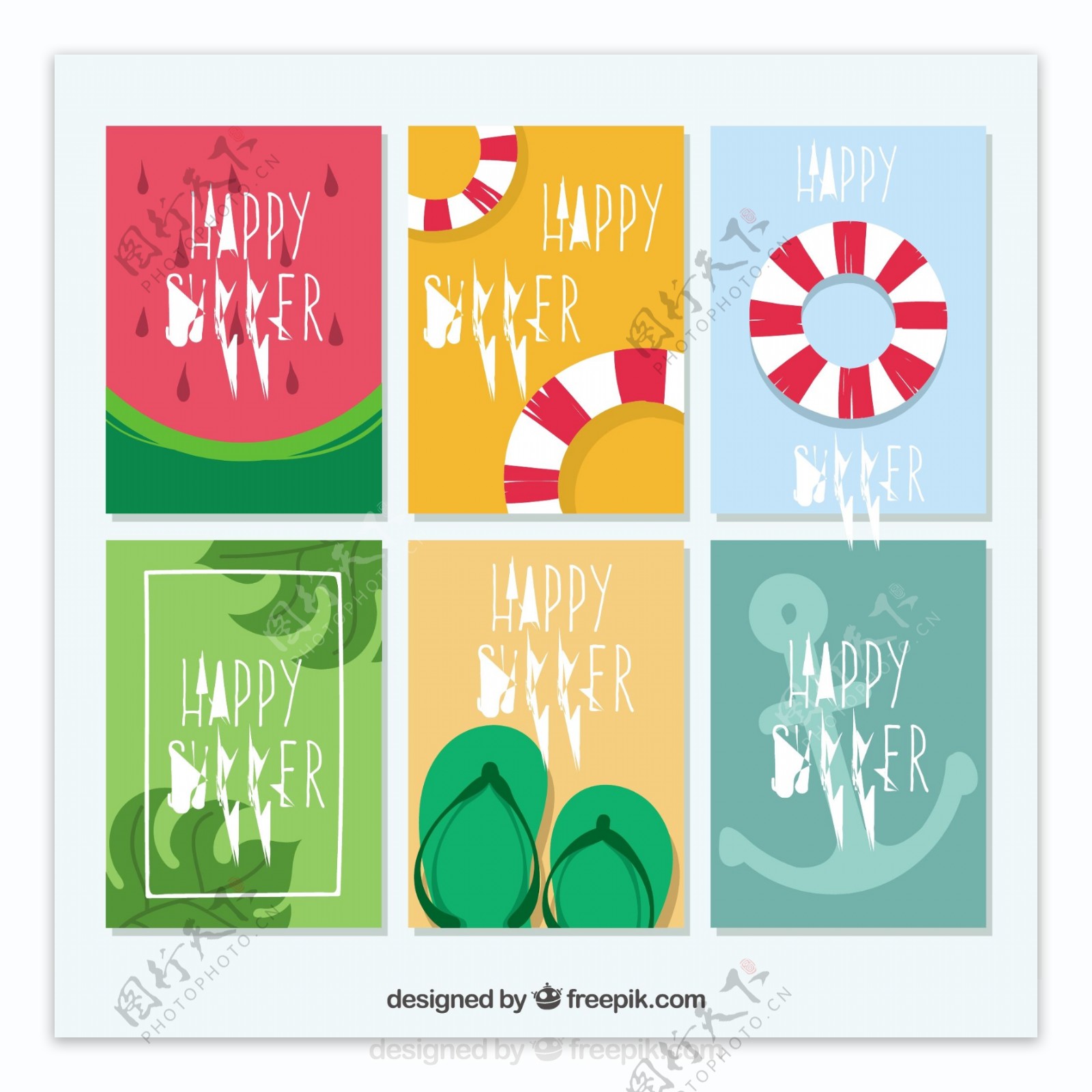 六个手绘夏季元素卡片