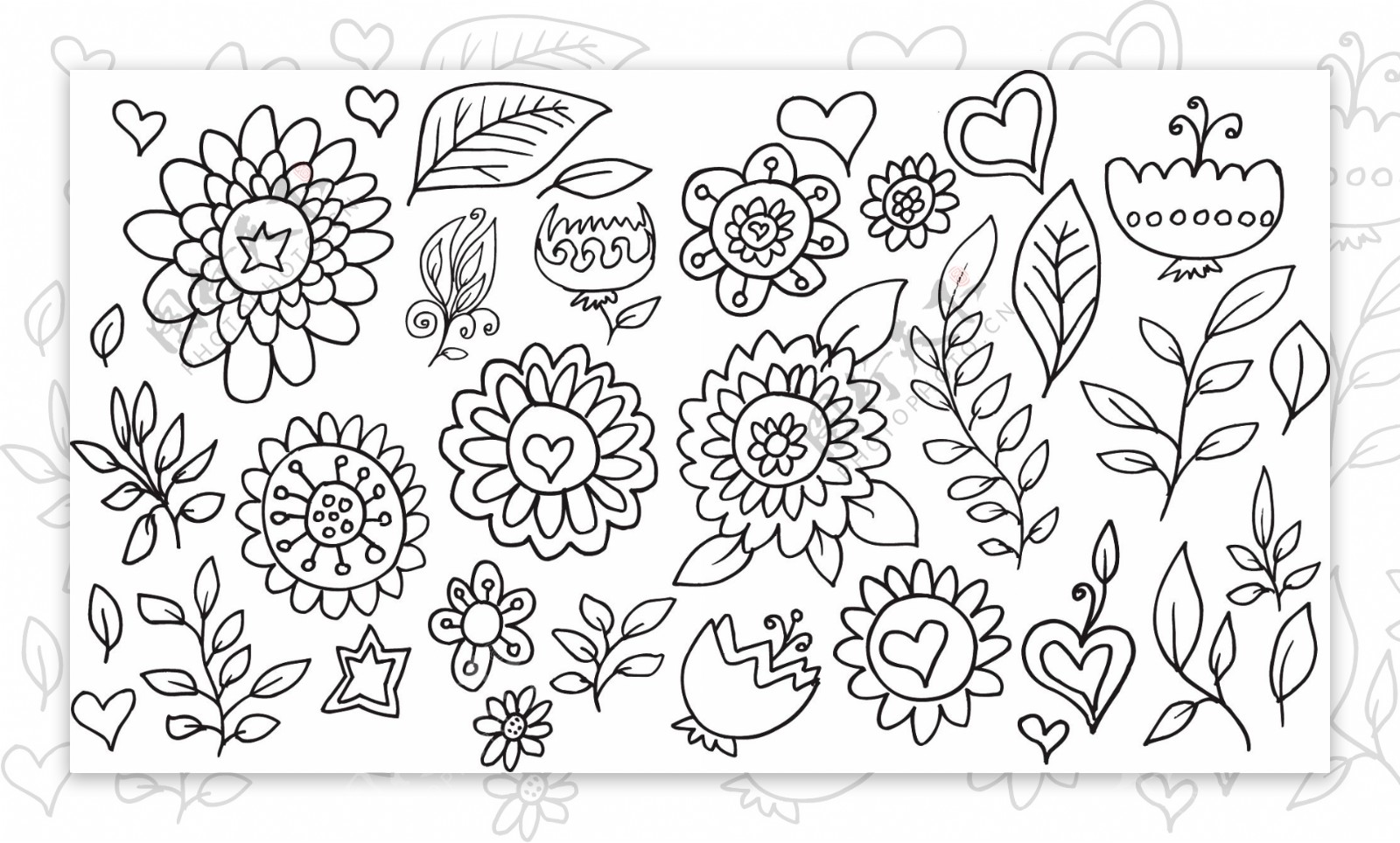黑白线条花朵树叶桂冠矢量插画