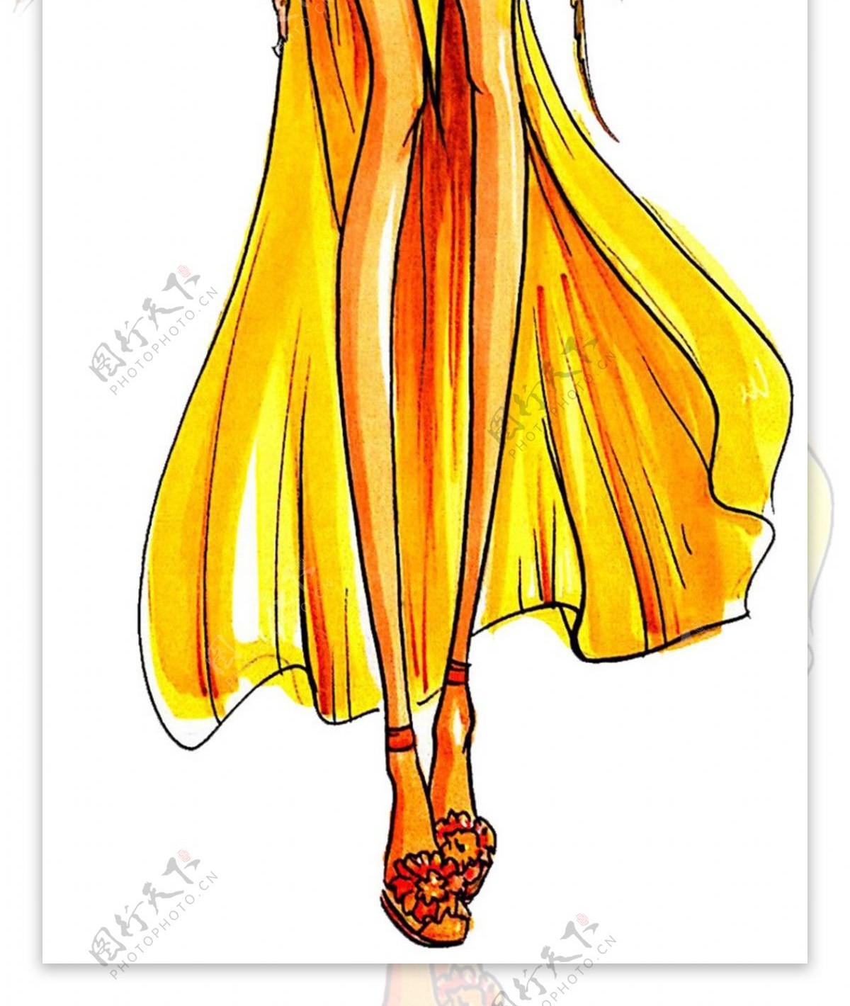 黄色开叉长裙设计图