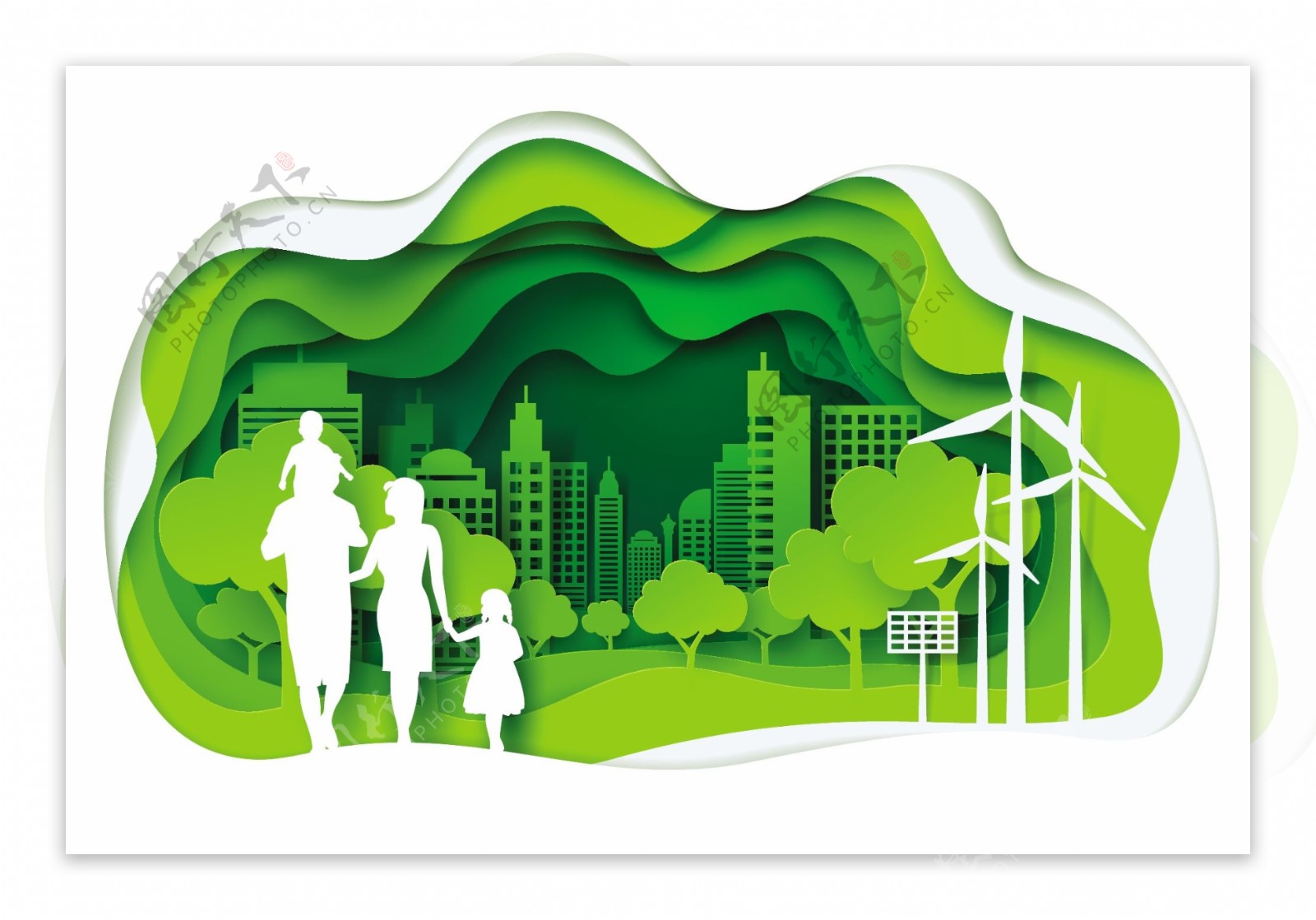 绿色生态城市和家庭剪影矢量