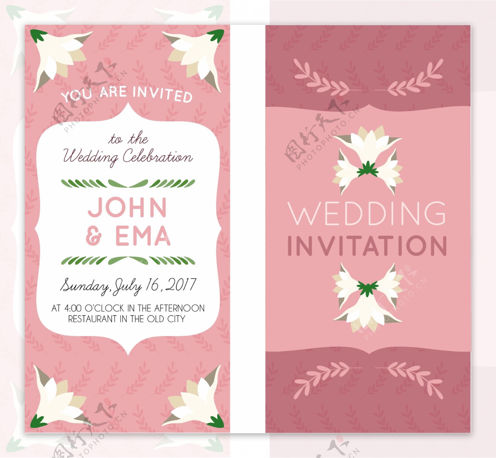 粉红色的装饰花朵婚礼邀请卡