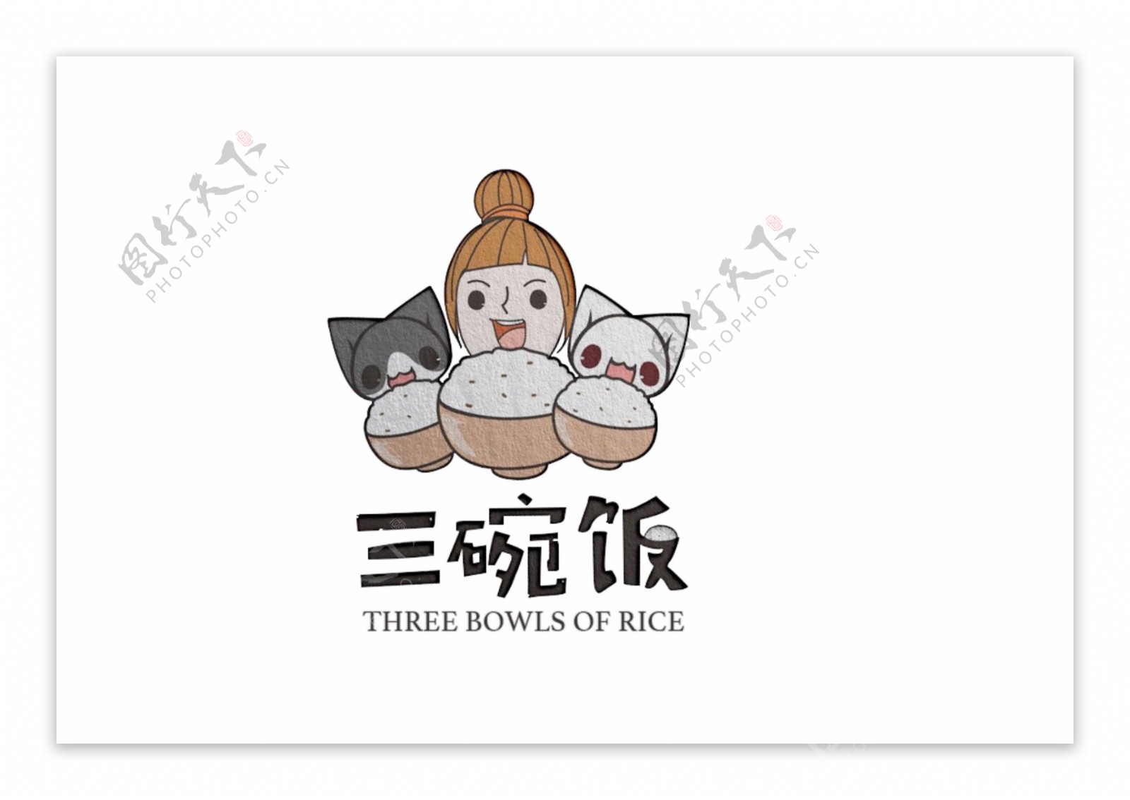 卡通喵咪和卡通美女的三碗饭logo设计