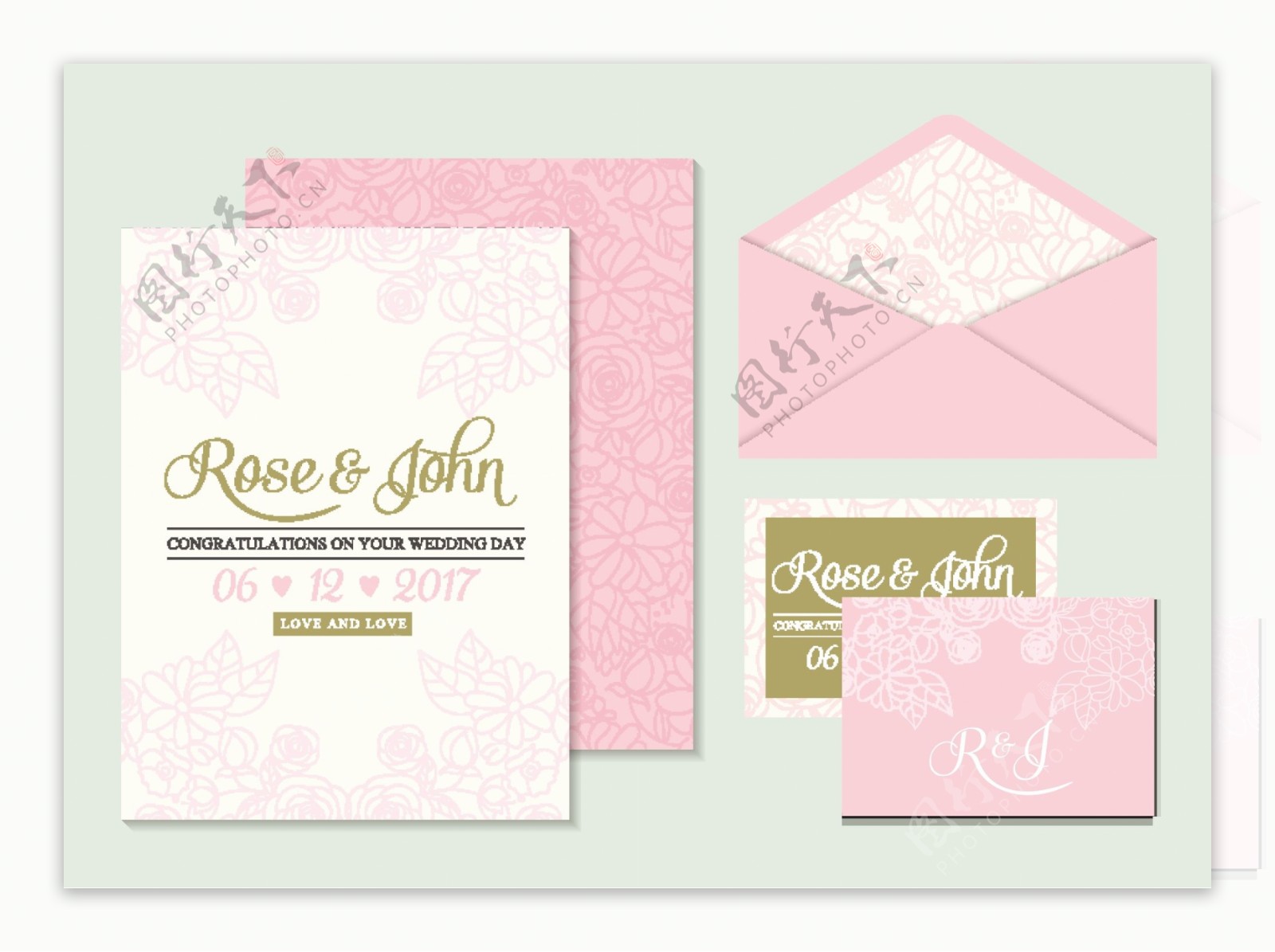 粉色花纹花朵信纸贺卡信封精致矢量源文件