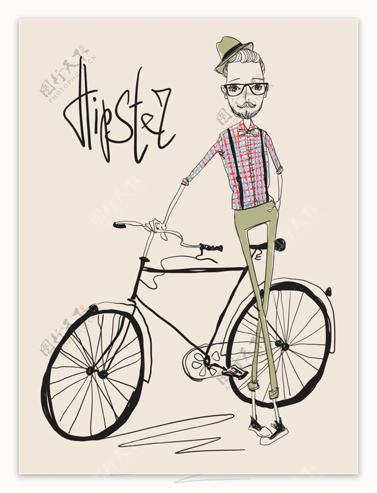 手绘男士与自行车图片