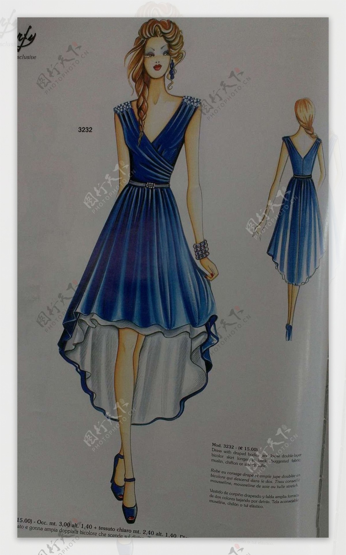 蓝色深V连衣裙设计图