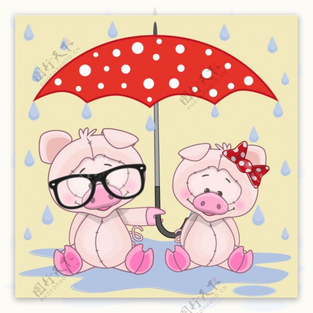雨伞下可爱卡通动物小猪矢量图素材