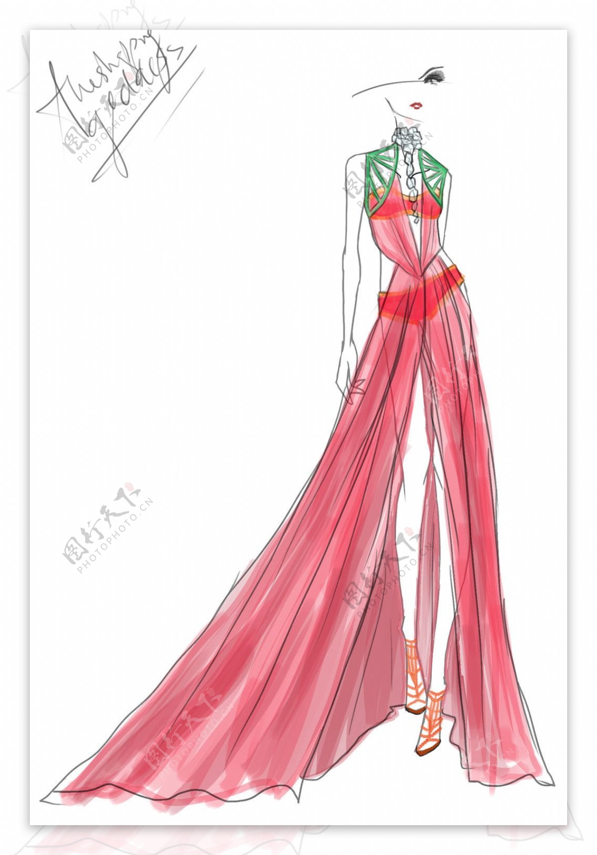红色开叉长裙设计图
