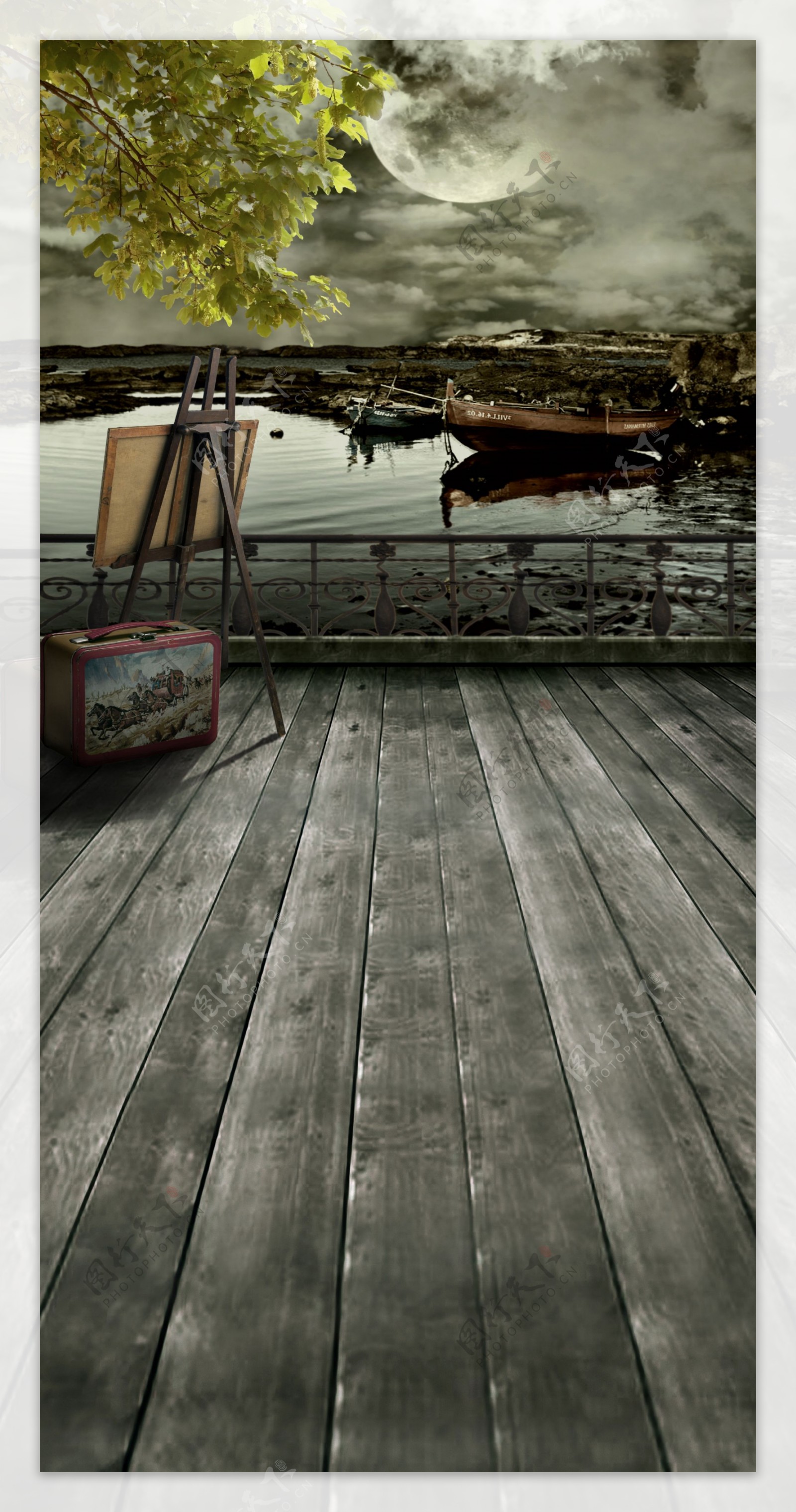 画架与湖边的木船影楼摄影背景图片