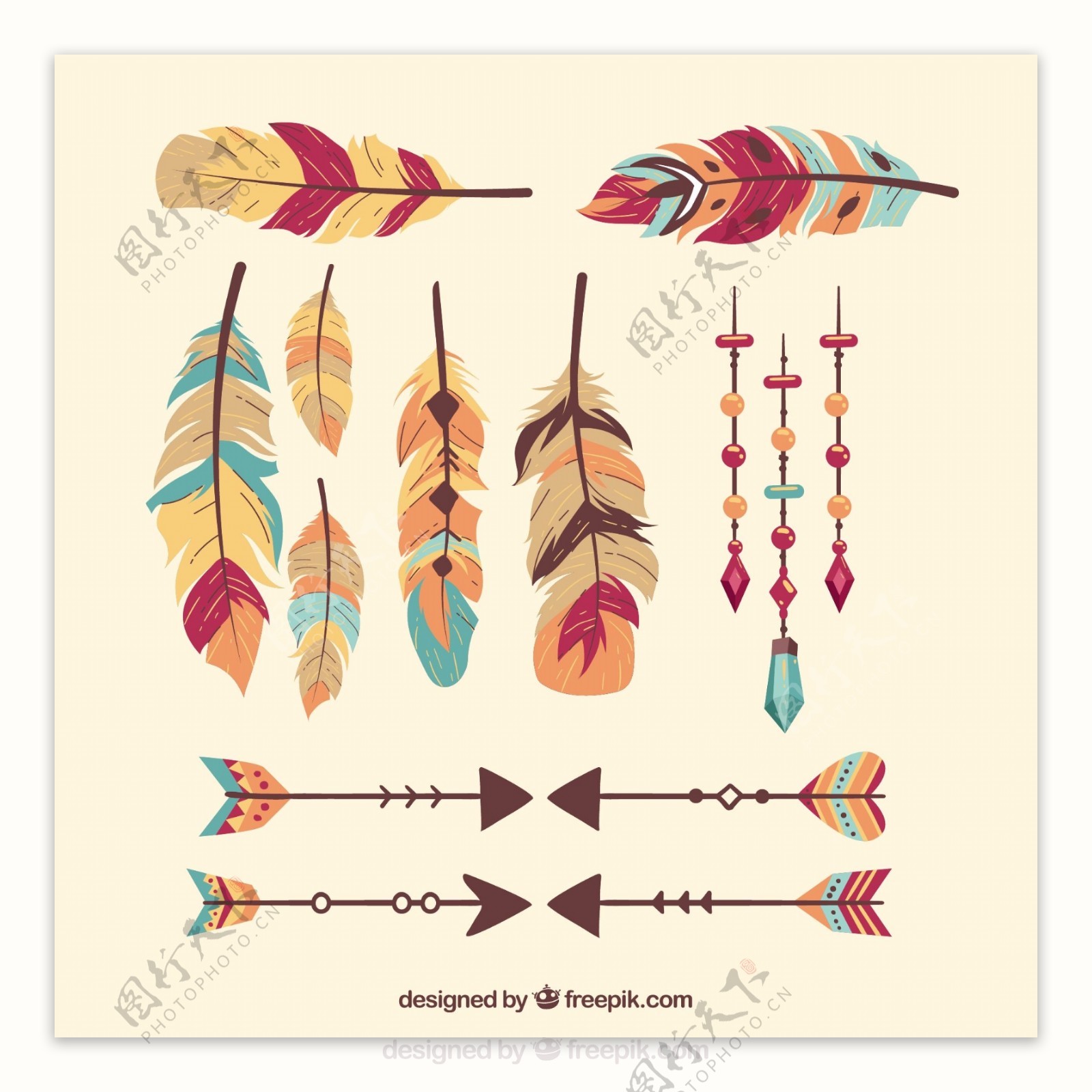 波西米亚风格羽毛箭插图设计