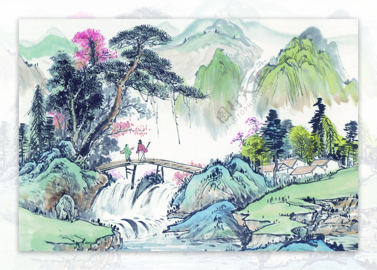 小桥流水风景国画图片