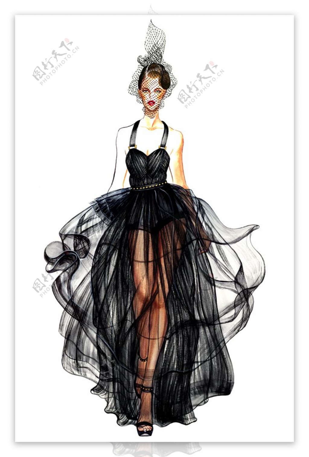 黑色吊带纱裙设计图