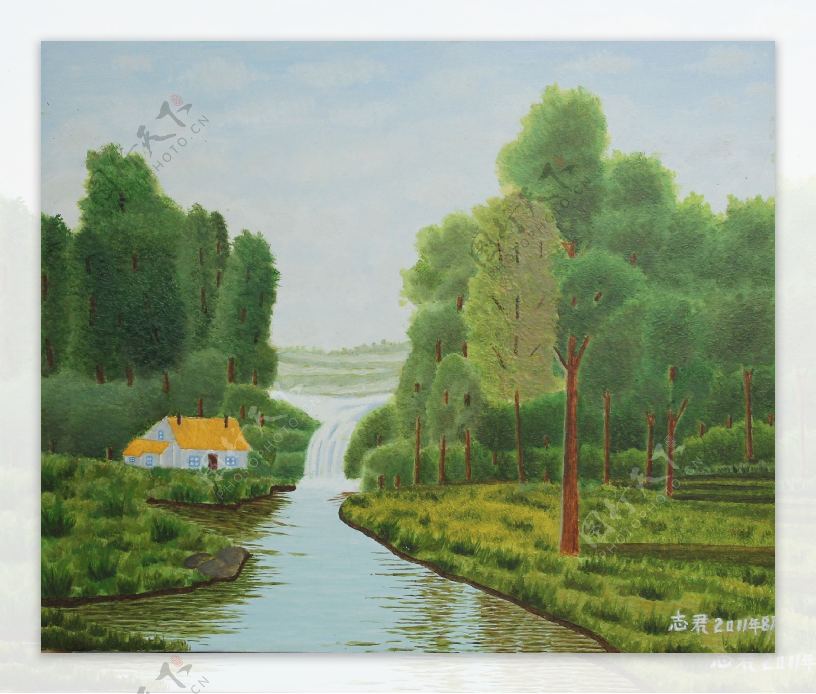 小溪风景油画图片