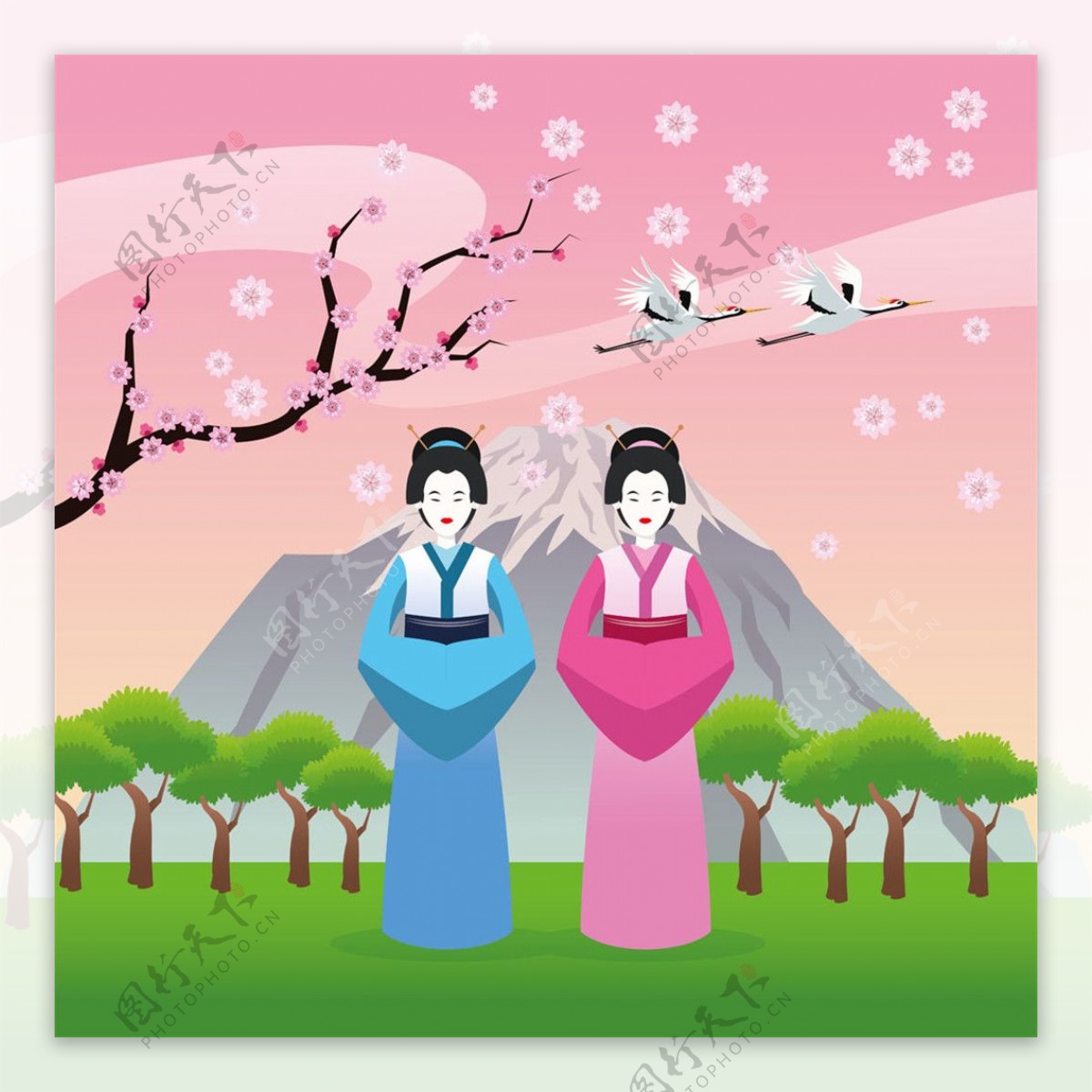 樱花树下的两个日本女人图片