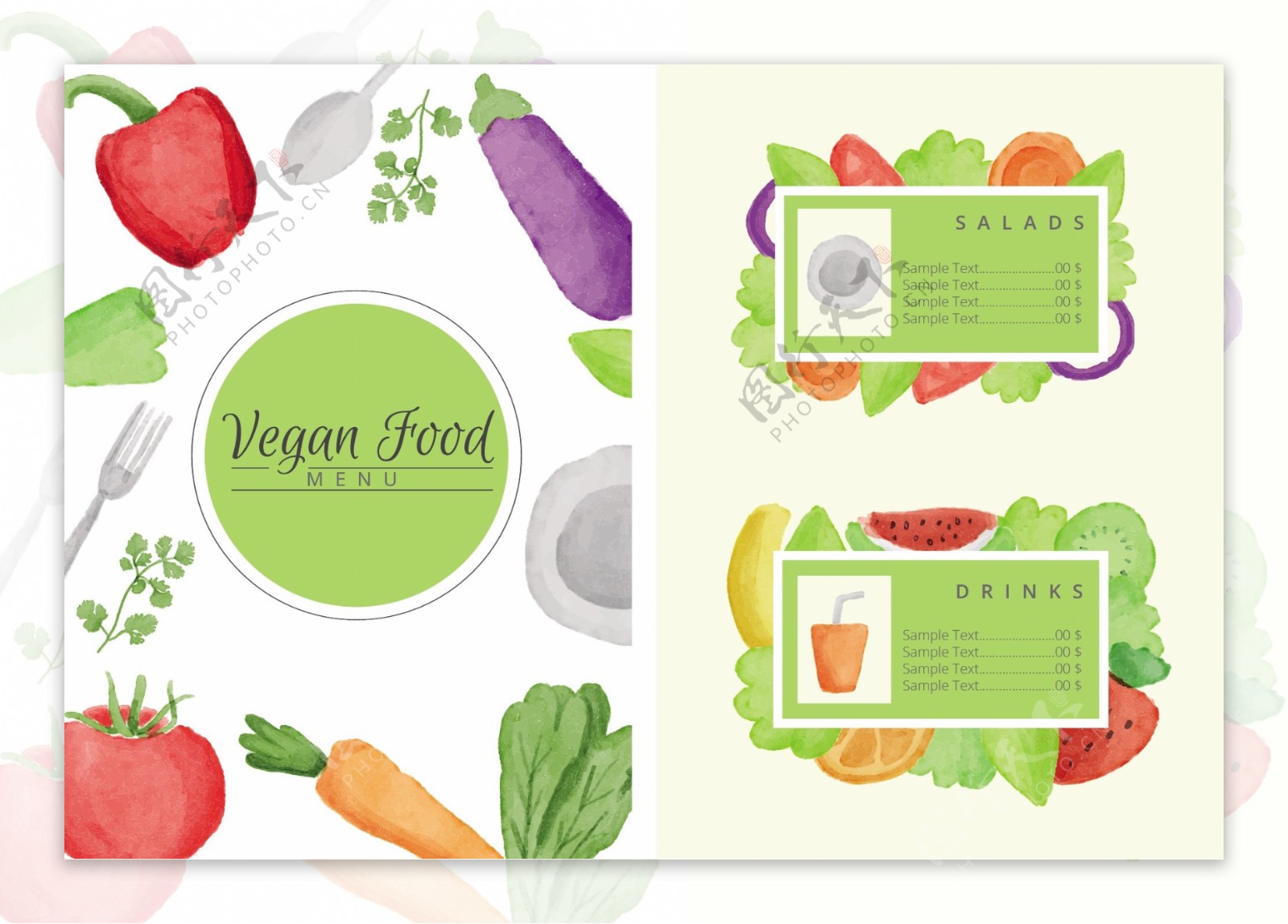 水彩纯素食品菜单模板