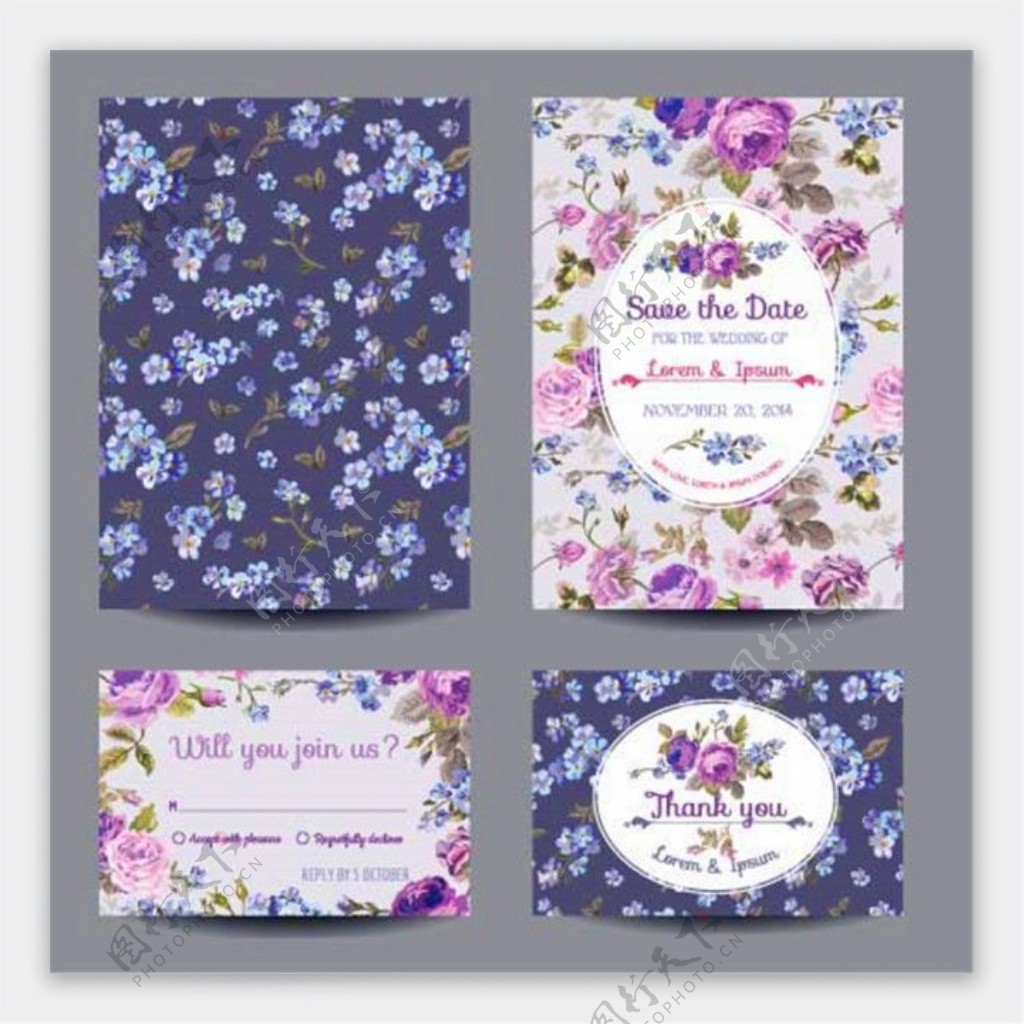 紫色花朵婚礼贺卡图片