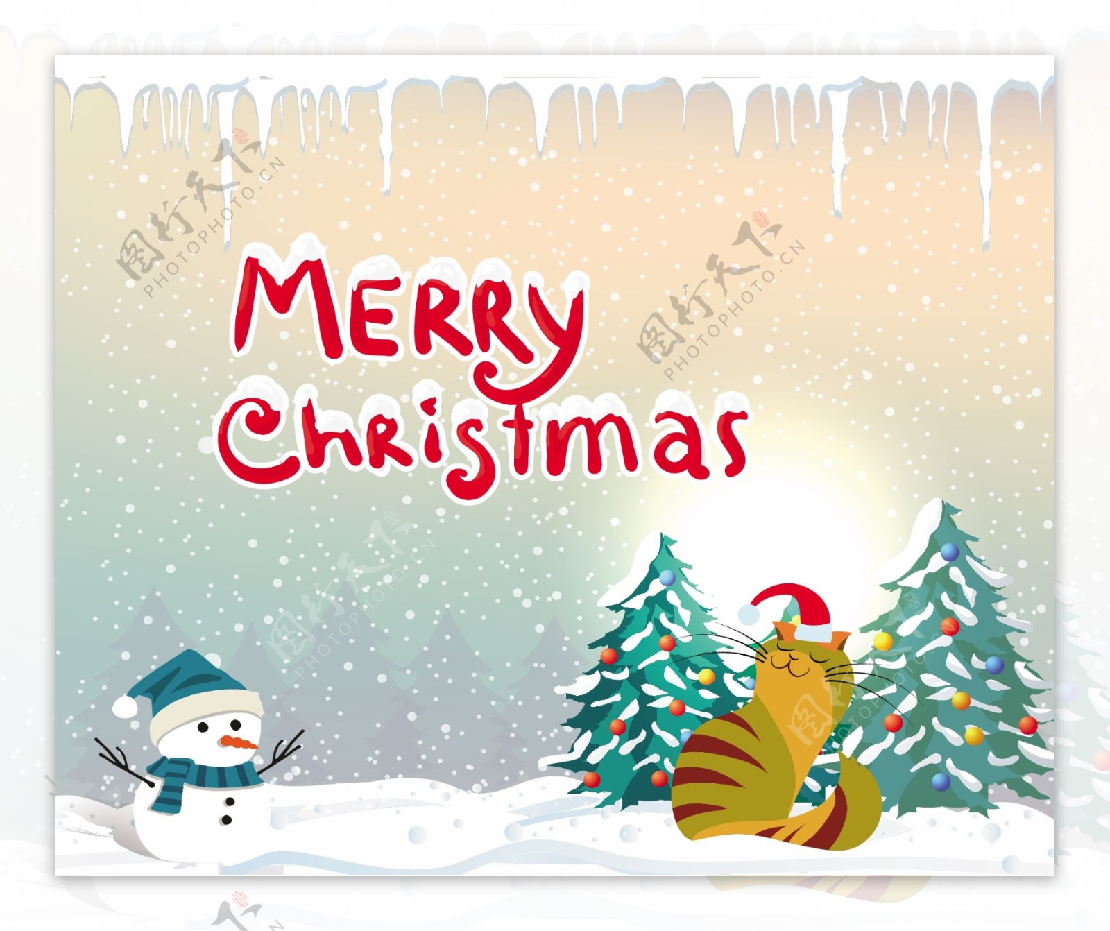 复古与雪人圣诞贺卡设计和猫自由向量