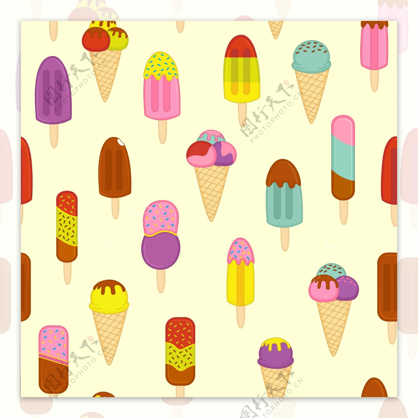 暑假冰淇淋手绘卡通矢量图