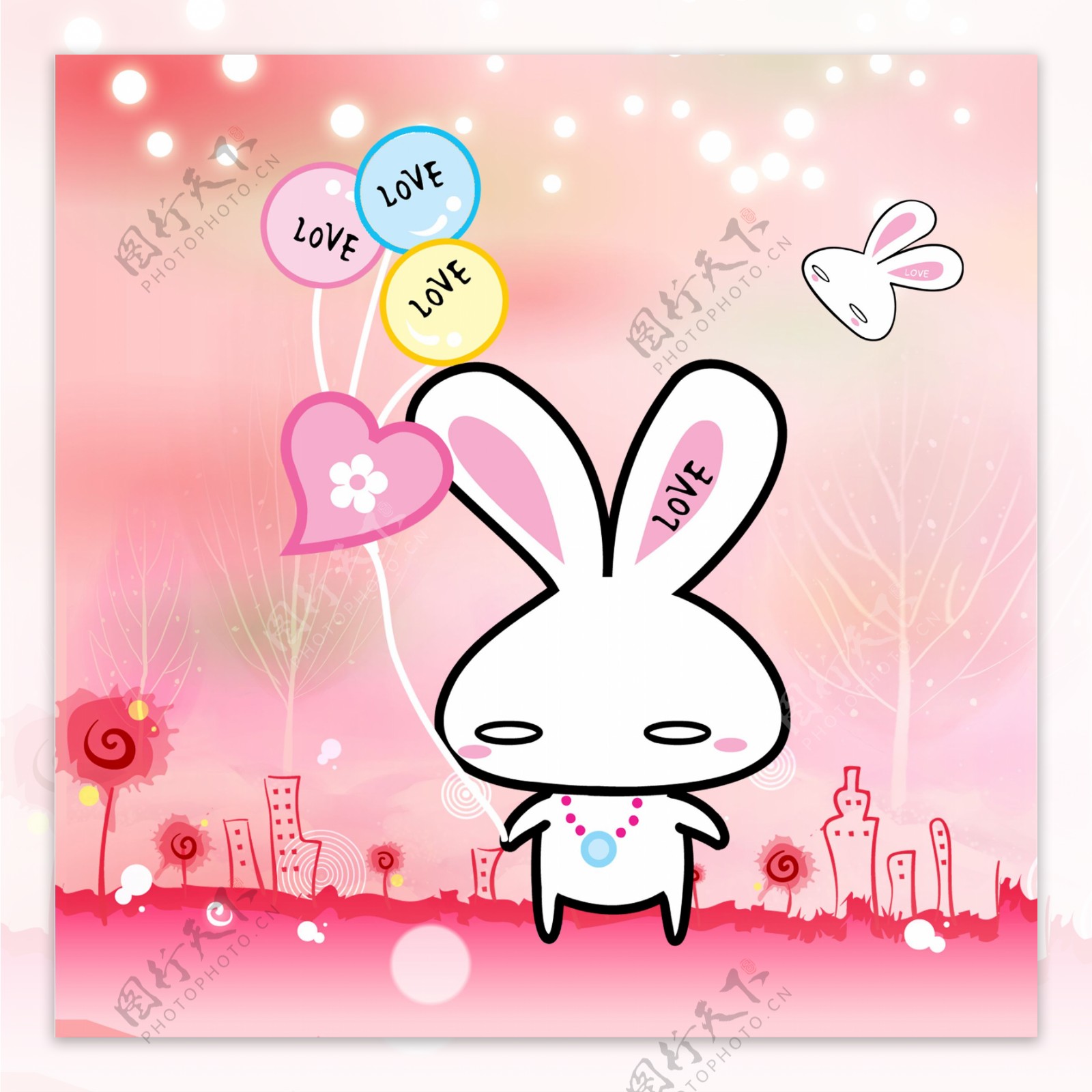 手牵爱心气球的粉色小白兔装饰画