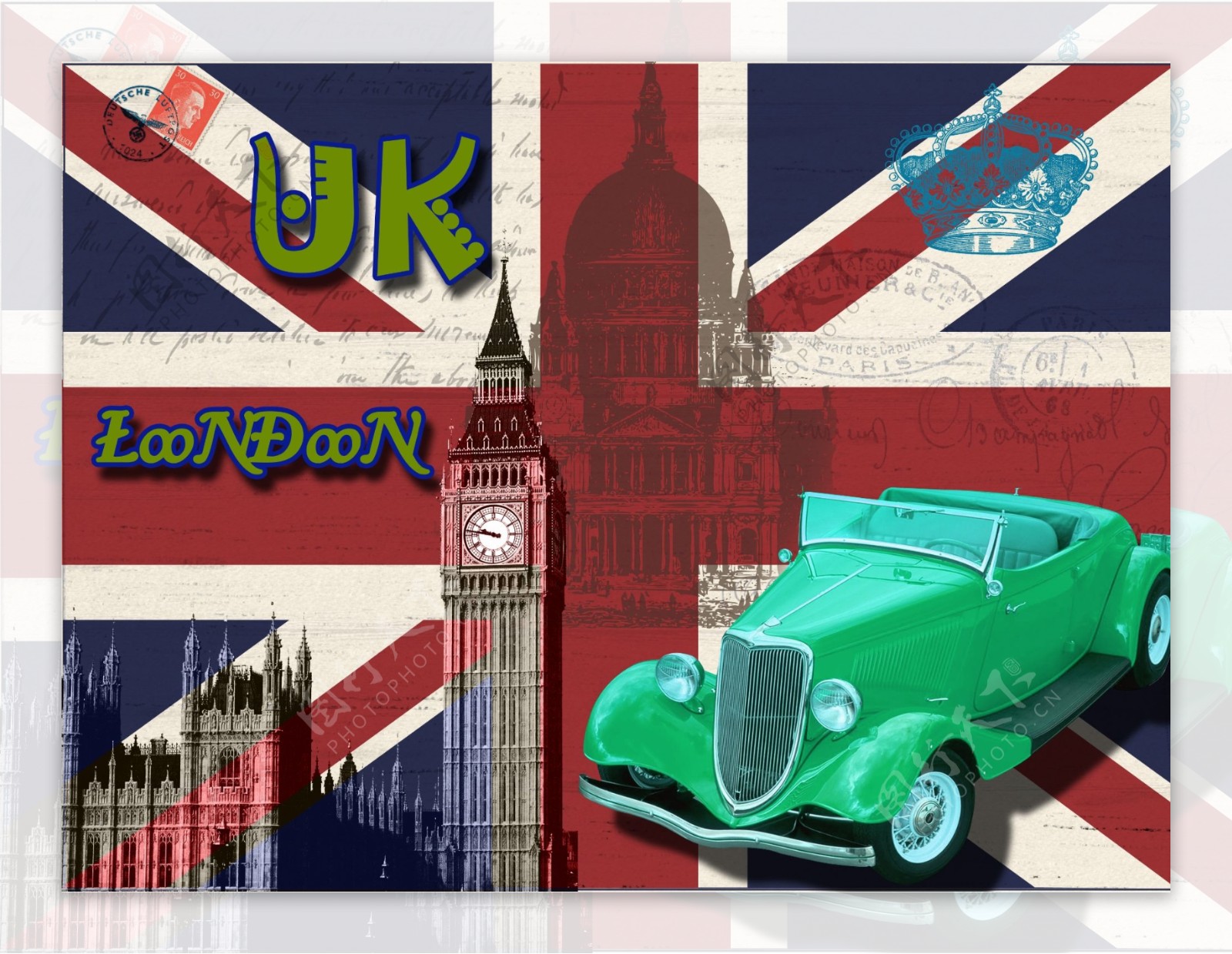 伦敦大本钟与老式轿车图片
