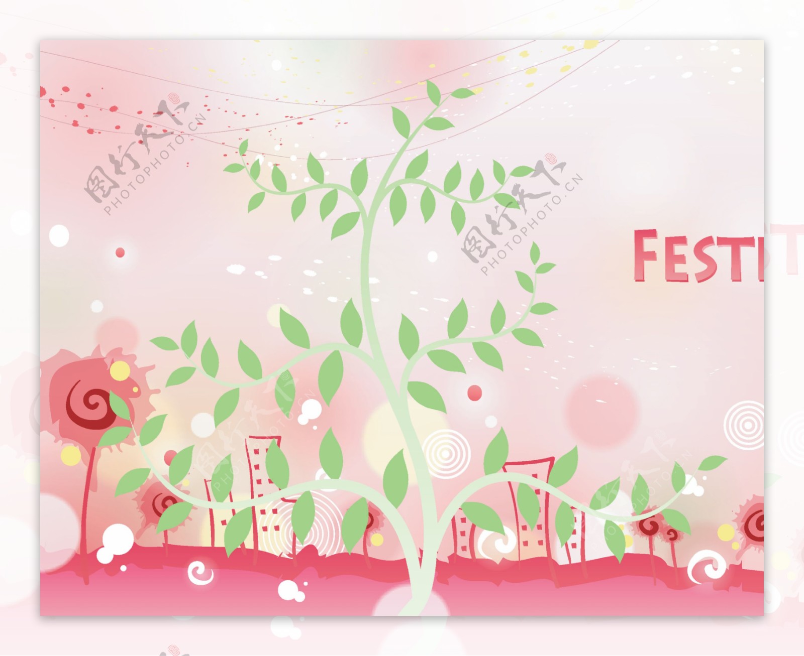 粉色卡通绿树装饰画