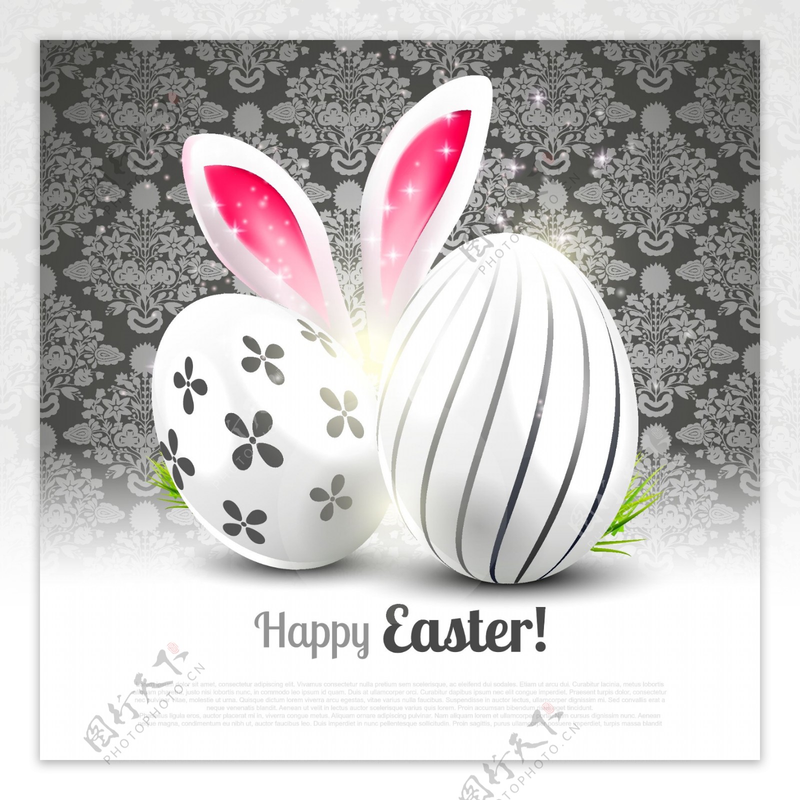 黑白欧式花纹彩蛋复活节海报矢量