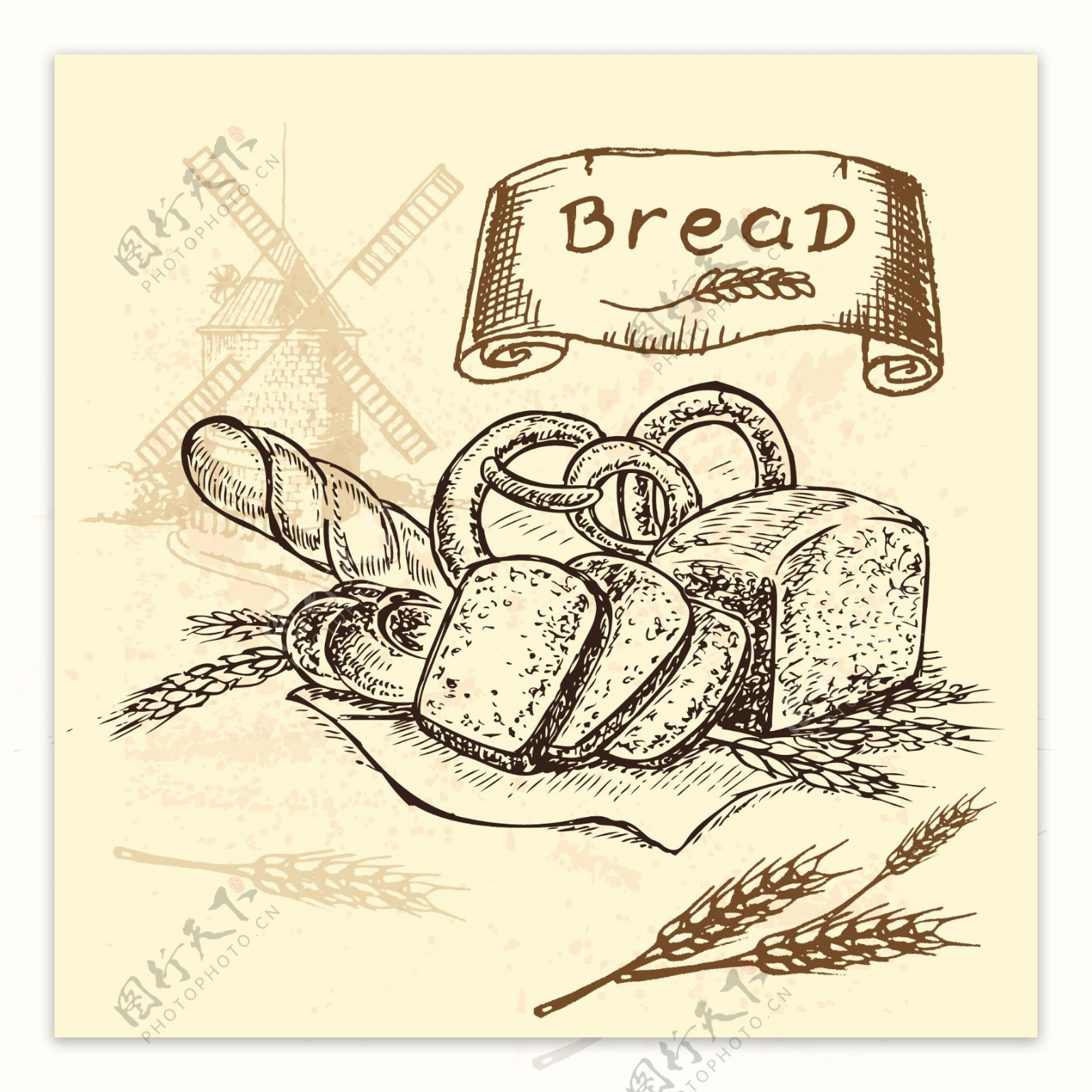 卡通面包和麦穗