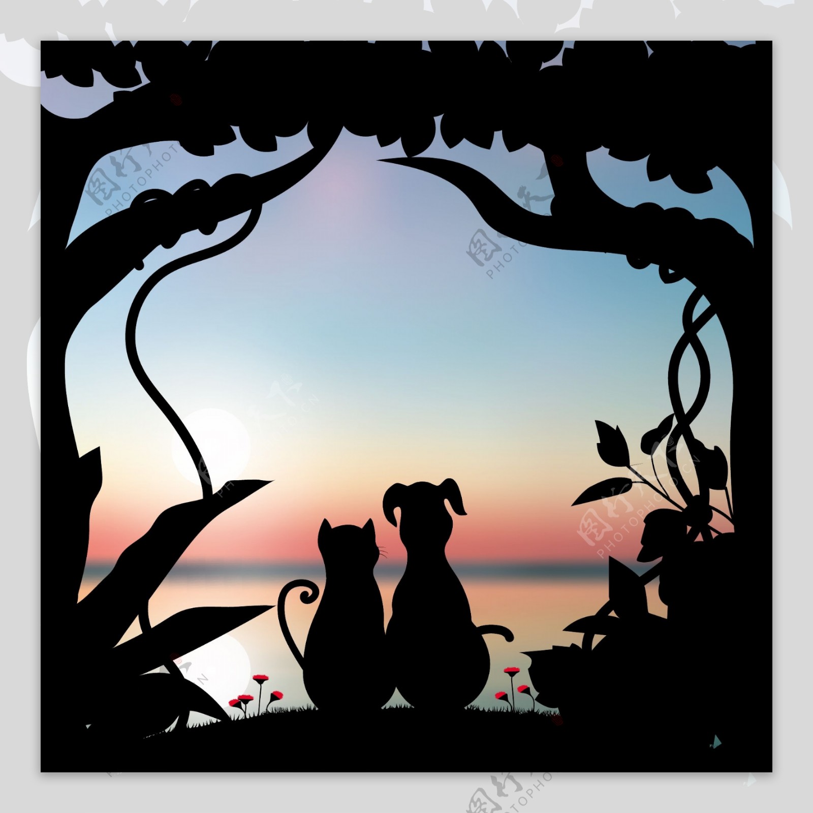 夕阳下的动物卡通情侣剪影矢量素材