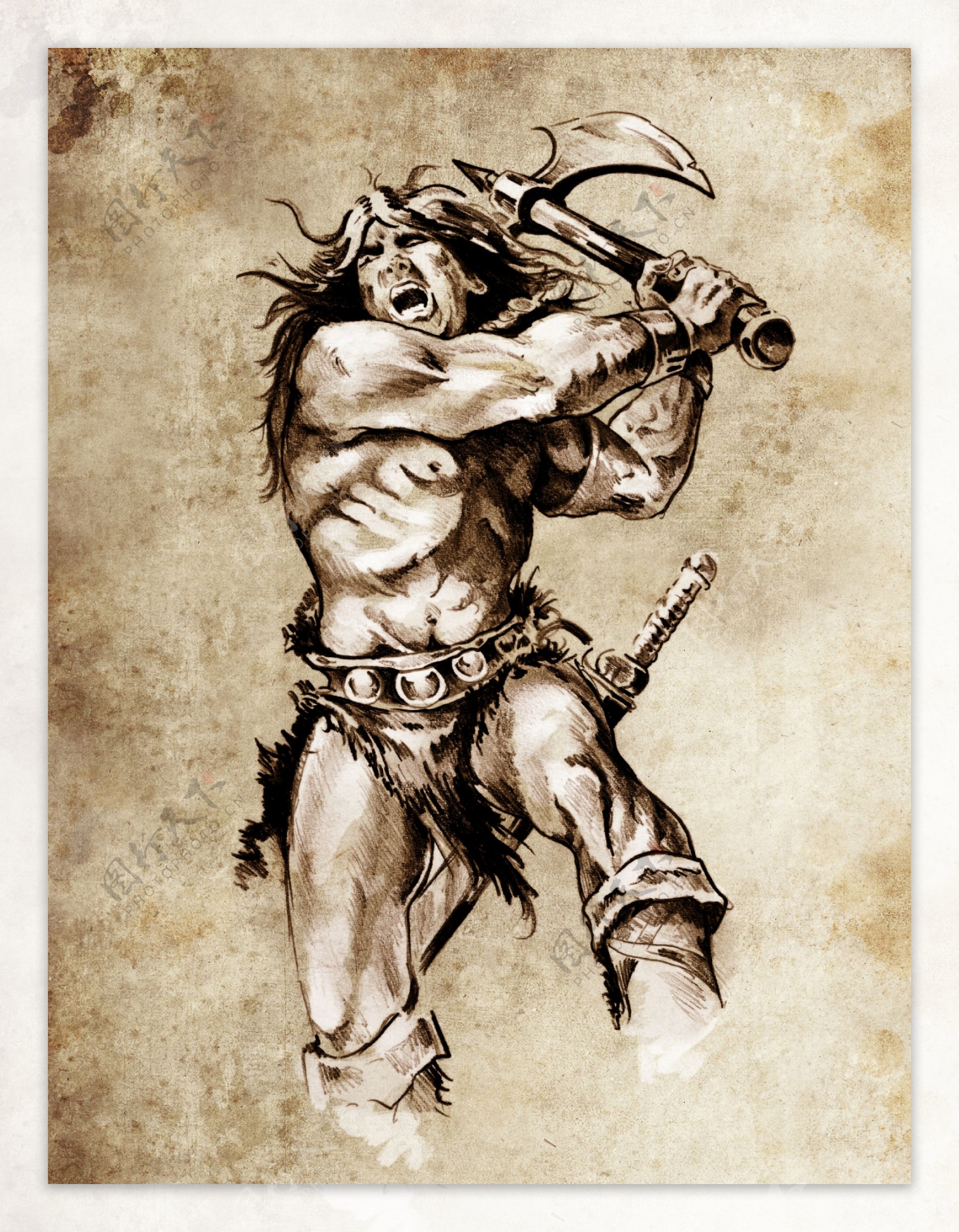 拿战斧的古代战士纹身图案