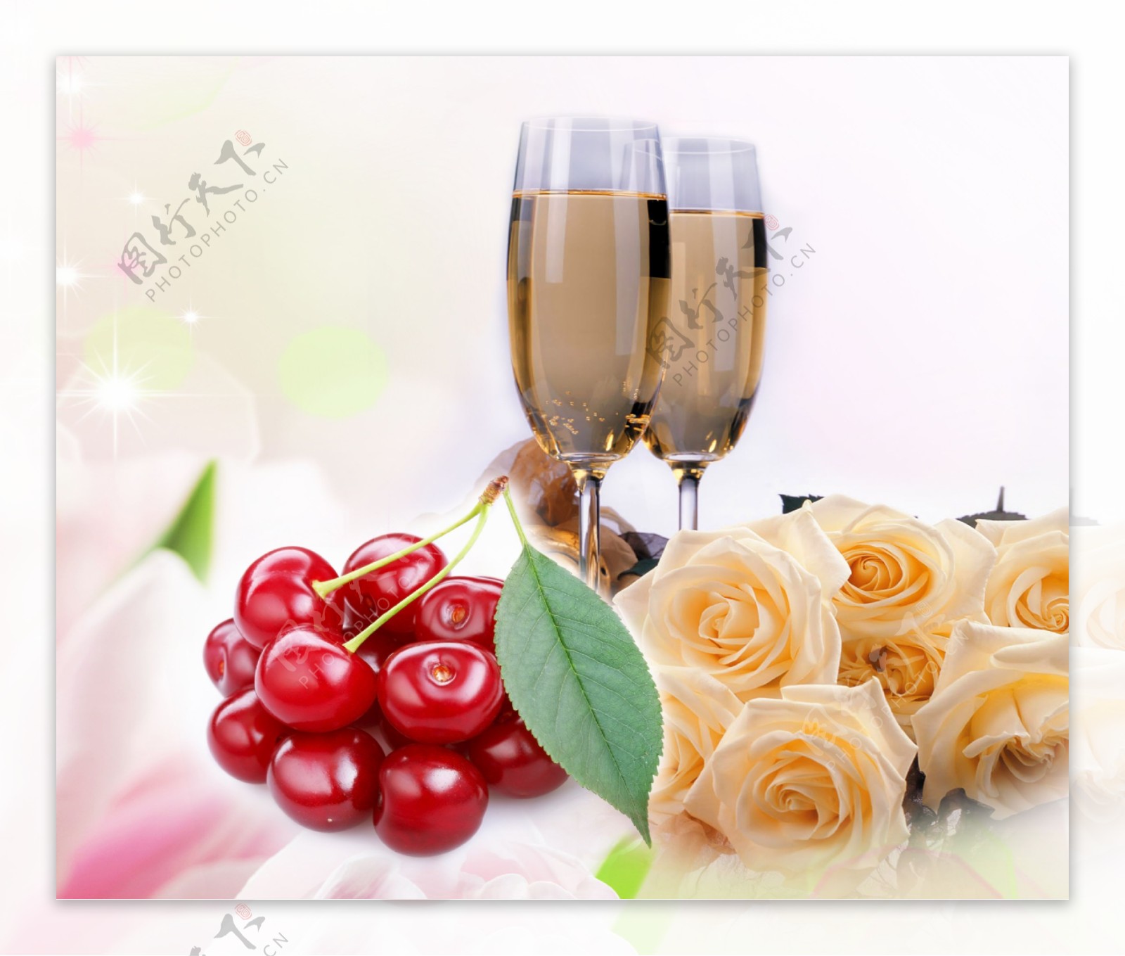 酒杯樱桃玫瑰装饰画图片