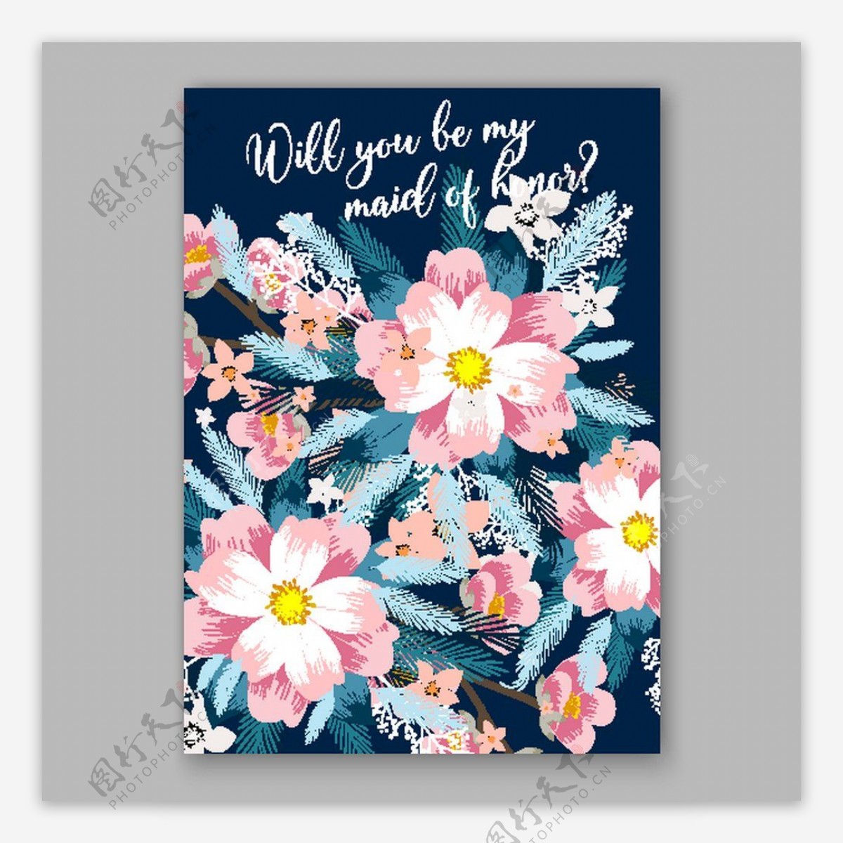 粉色水彩花朵婚礼卡片模板下载
