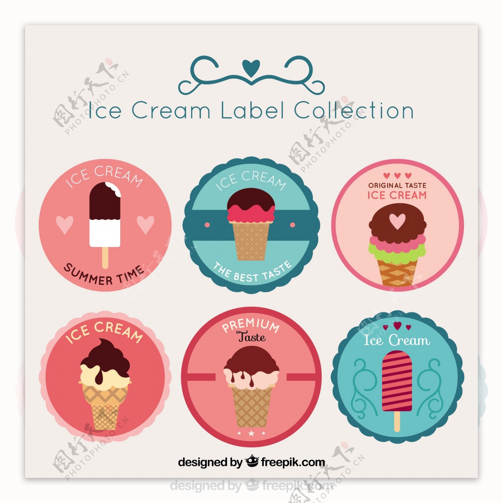 各种冰淇淋插图圆形贴纸图标