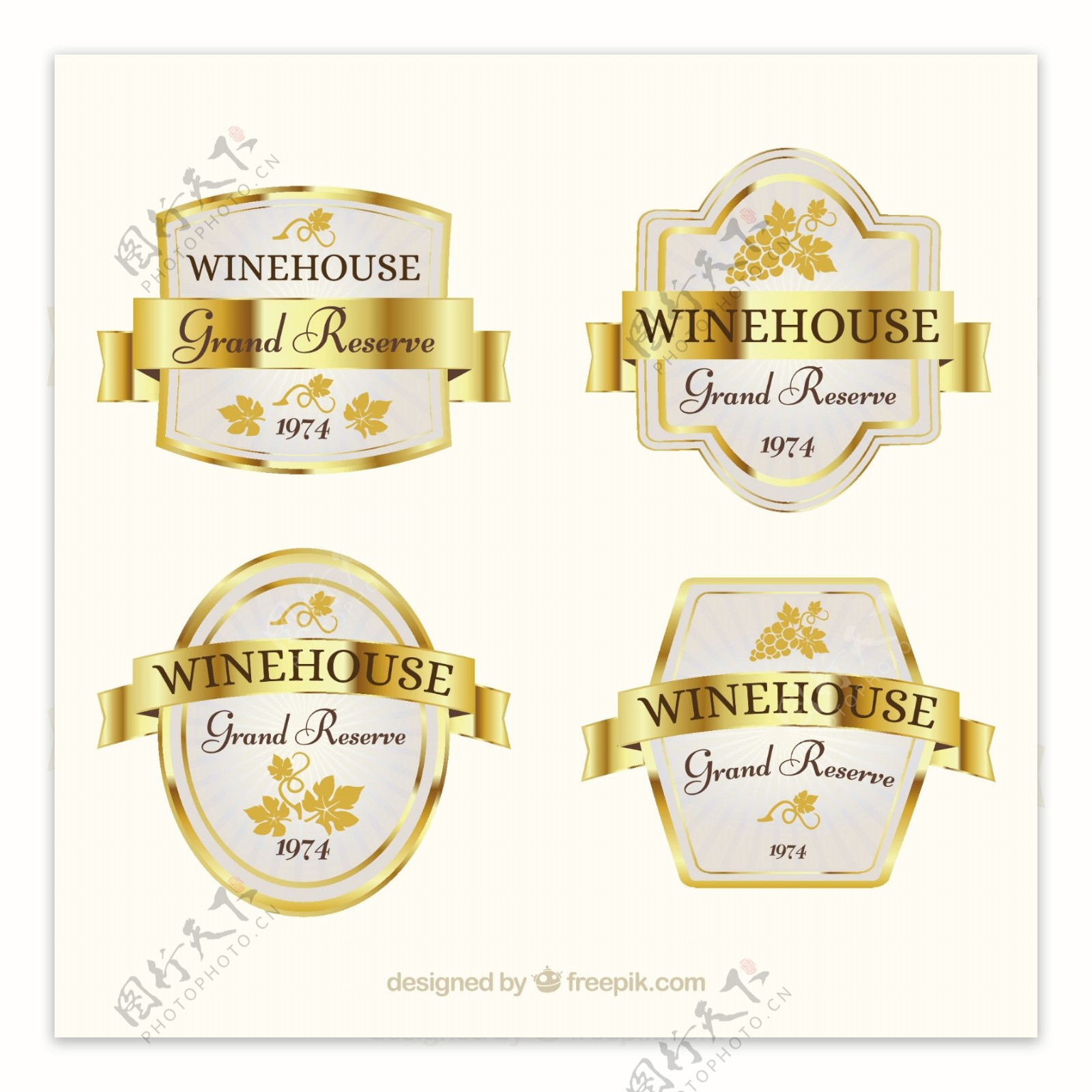 四款时尚的金色葡萄酒标签图标